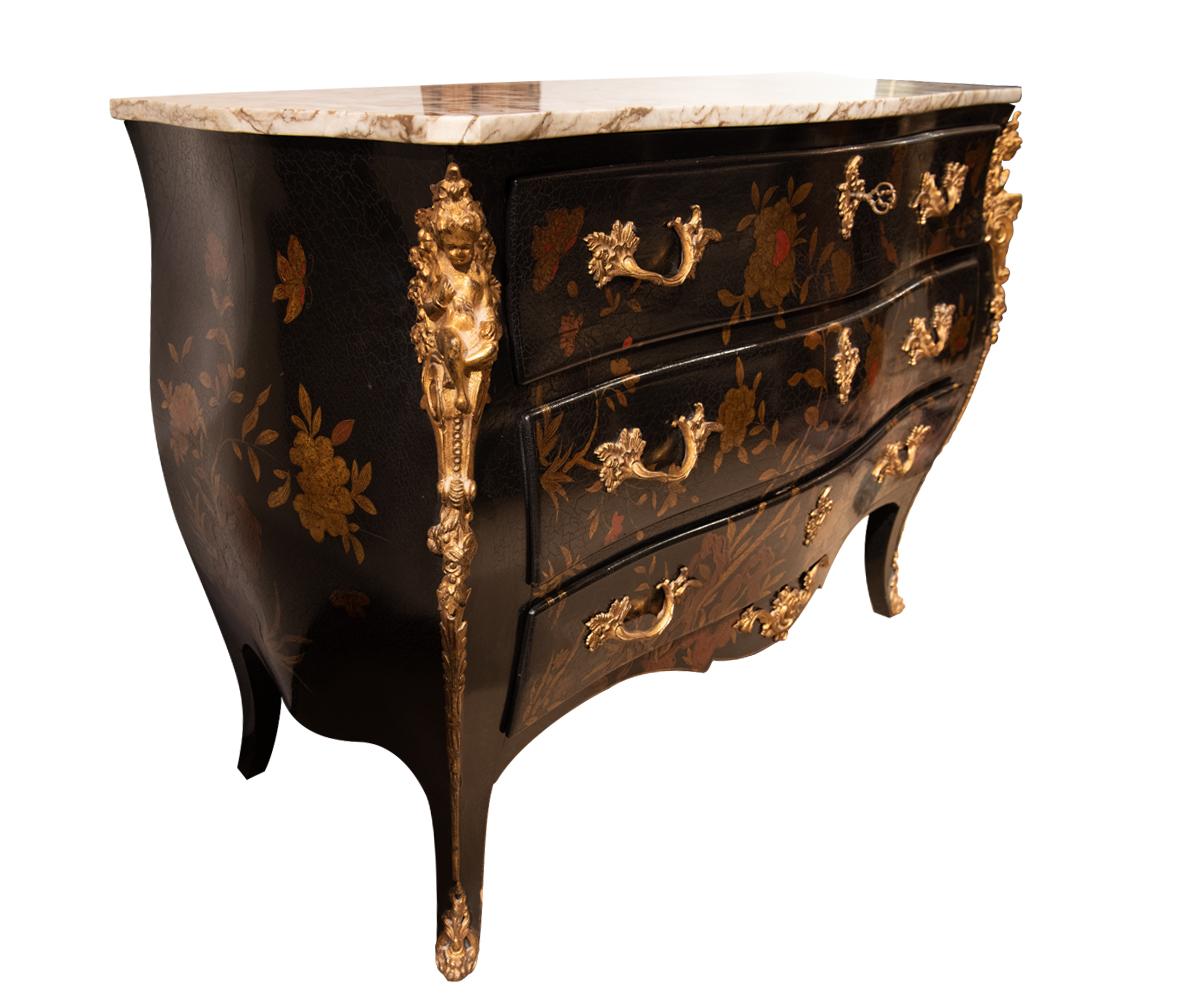 French Louis XV Style Chinoiserie Commode or Bombe Chest of Drawer In Good Condition In Laguna Beach, CA