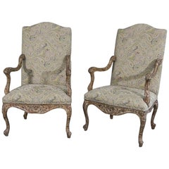 French Louis XV Style Chippy White Paint Distressed Armchairs Fauteuils C1990