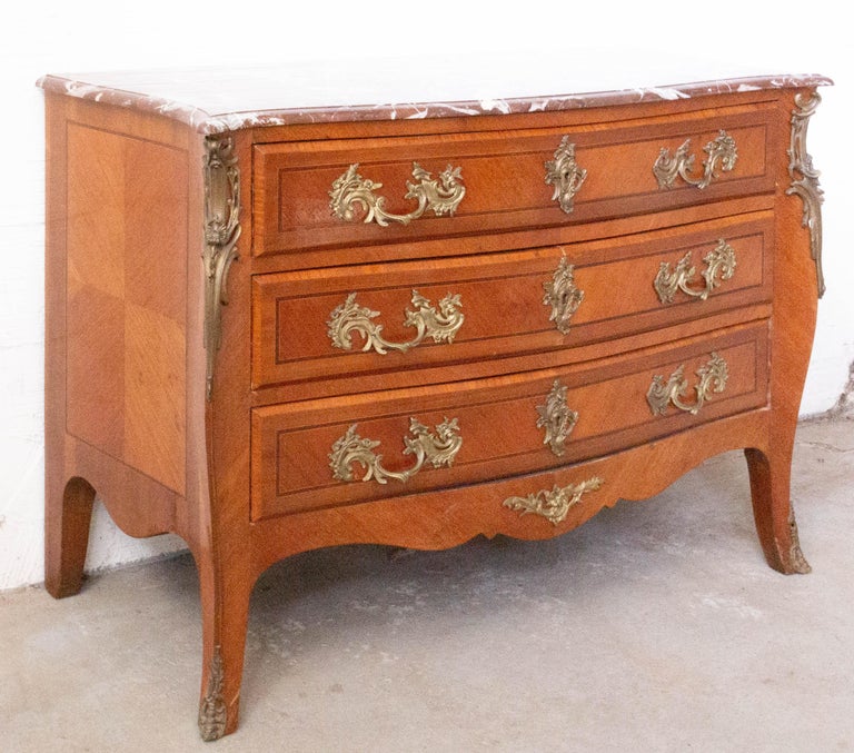 French Louis XV Style Commode Chest of Drawers Marble Top, Late 19th Century In Good Condition For Sale In Labrit, Landes