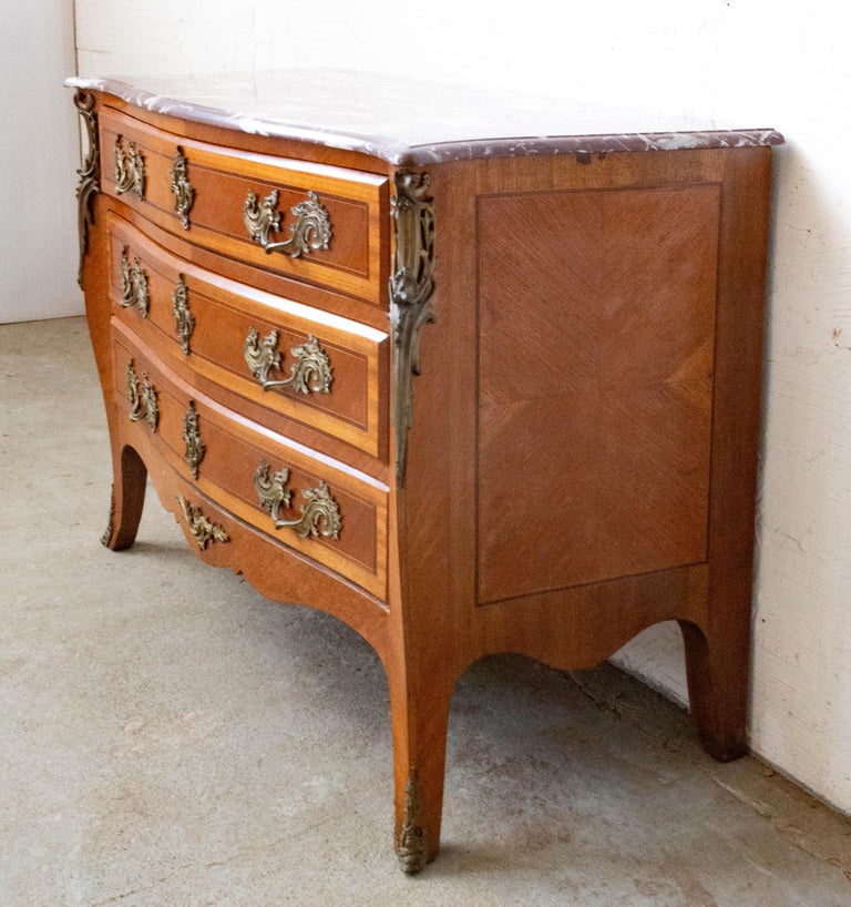 Bronze French Louis XV Style Commode Chest of Drawers Marble Top, Late 19th Century For Sale