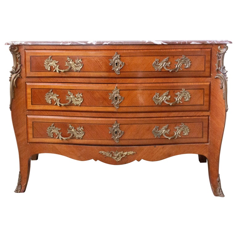 French Louis XV Style Commode Chest of Drawers Marble Top, Late 19th Century For Sale