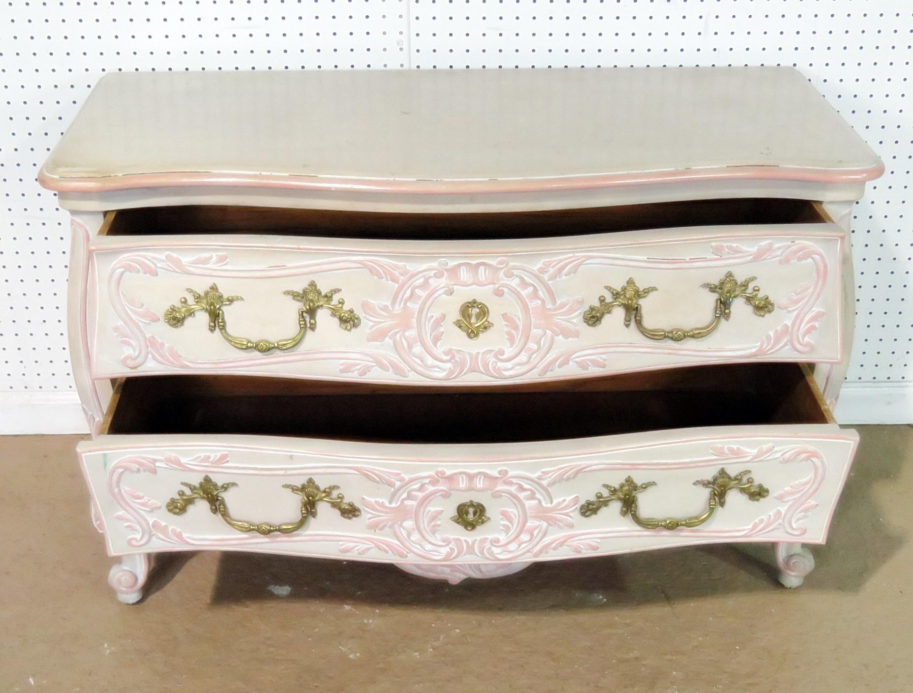 French Louis XV style distressed painted 2-drawer commode with brass accents.