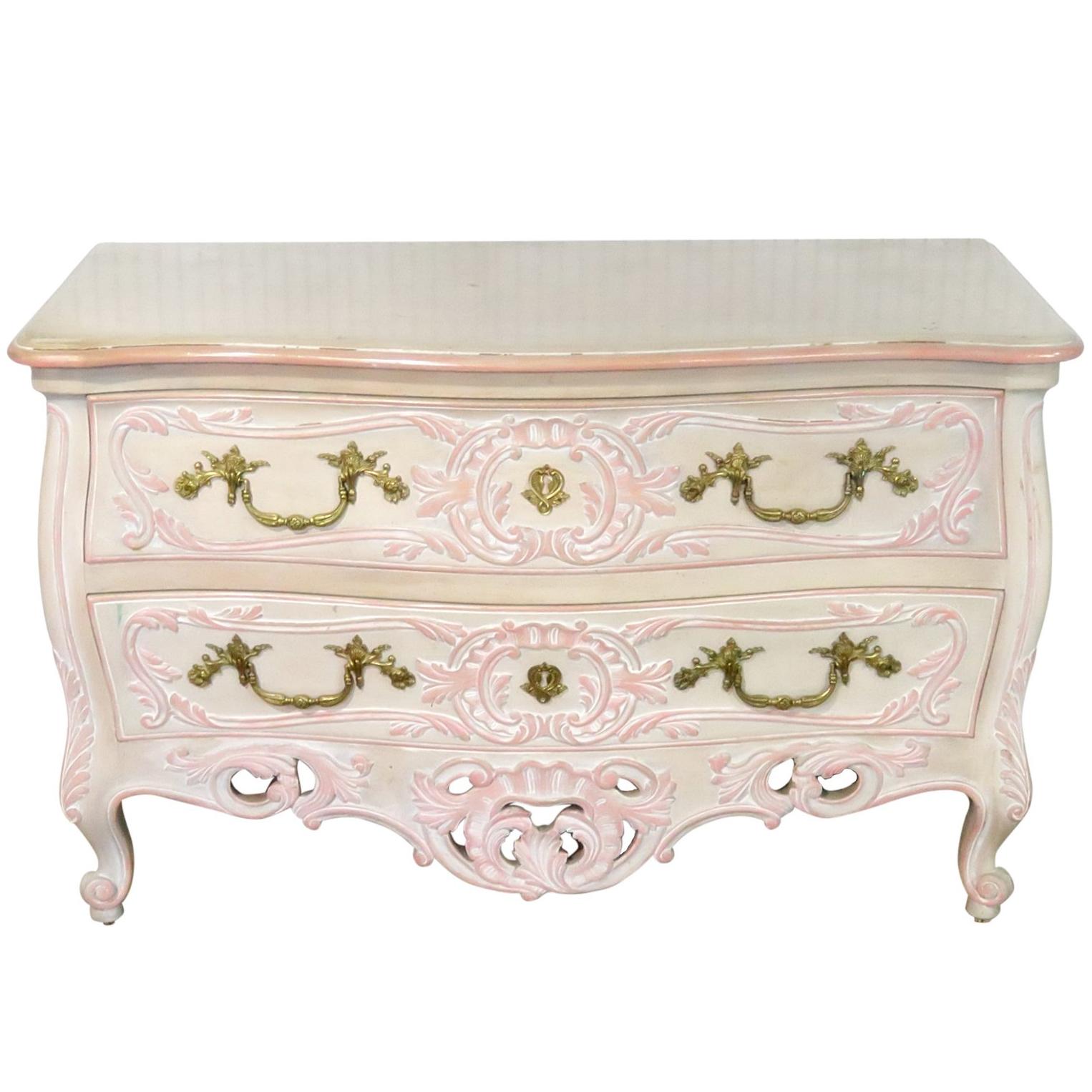 Painted French Rococo Carved Louis XV Style Commode Dresser 