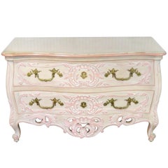 Vintage Painted French Rococo Carved Louis XV Style Commode Dresser 