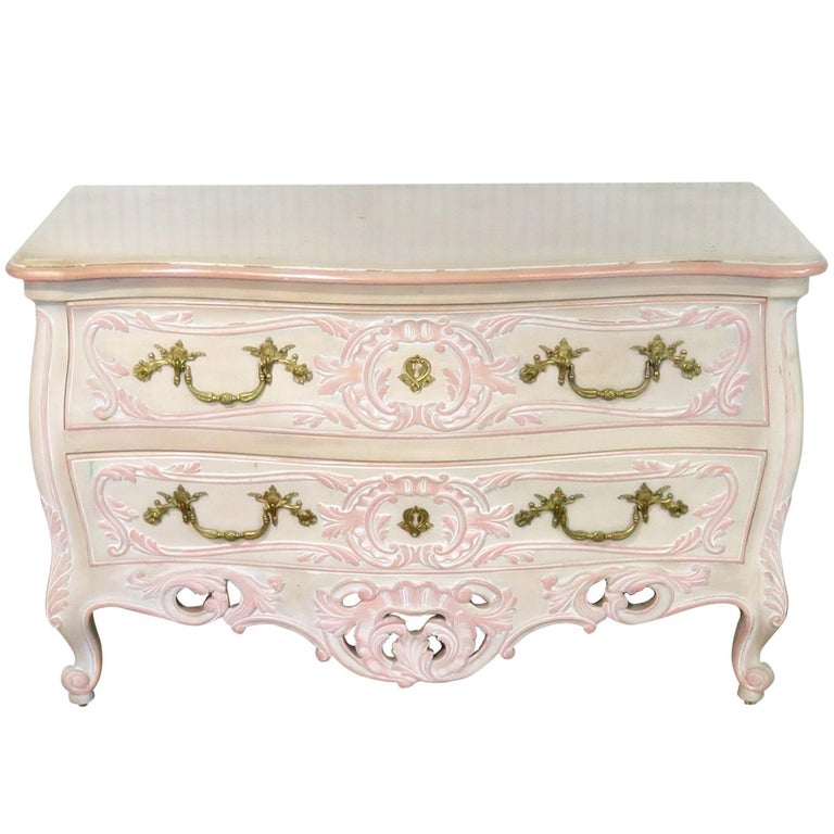 Painted French Rococo Carved Louis XV Style Commode Dresser For Sale at