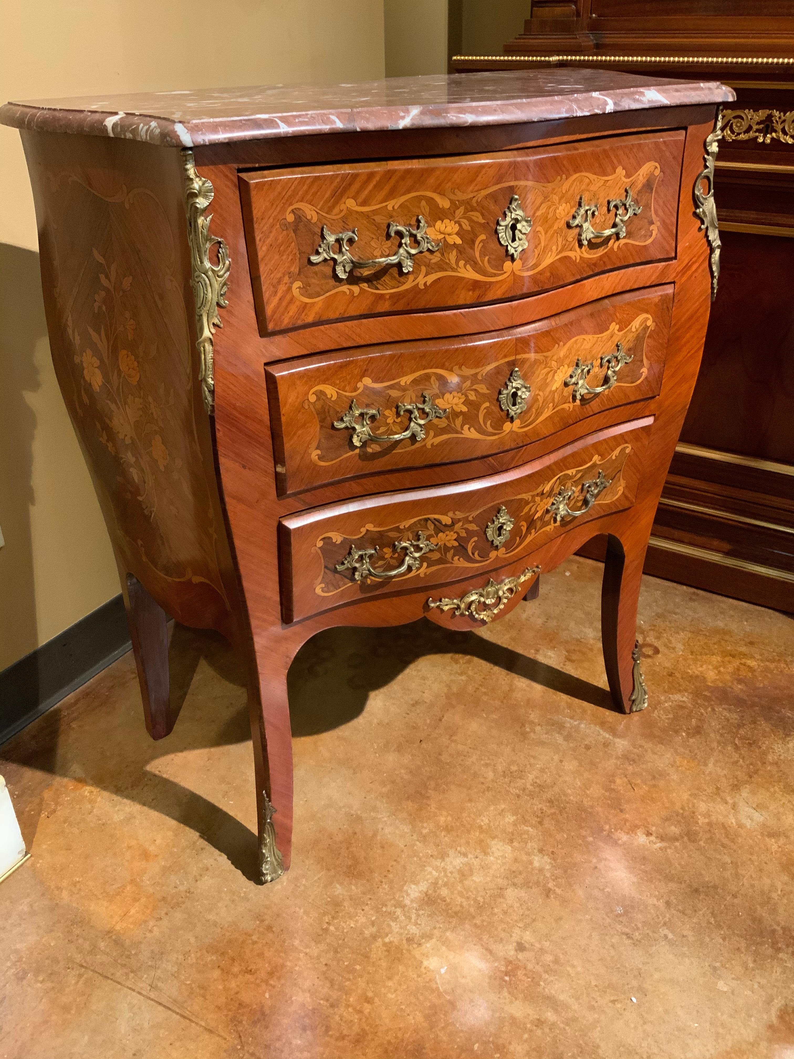 19th Century French Louis XV-Style Commode with Marquetry Inlay and Rouge Marble Top