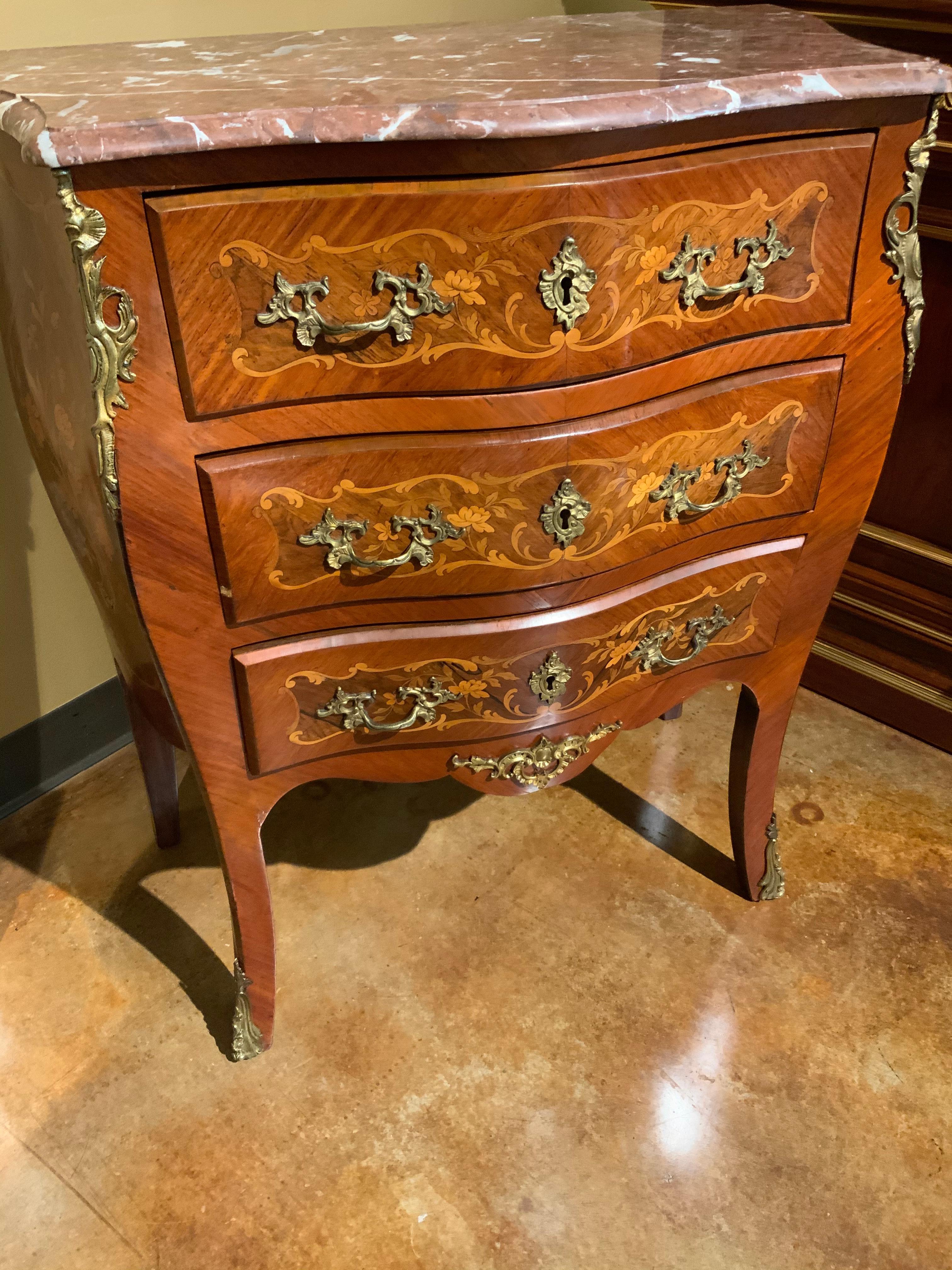 Satinwood French Louis XV-Style Commode with Marquetry Inlay and Rouge Marble Top