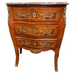 French Louis XV-Style Commode with Marquetry Inlay and Rouge Marble Top