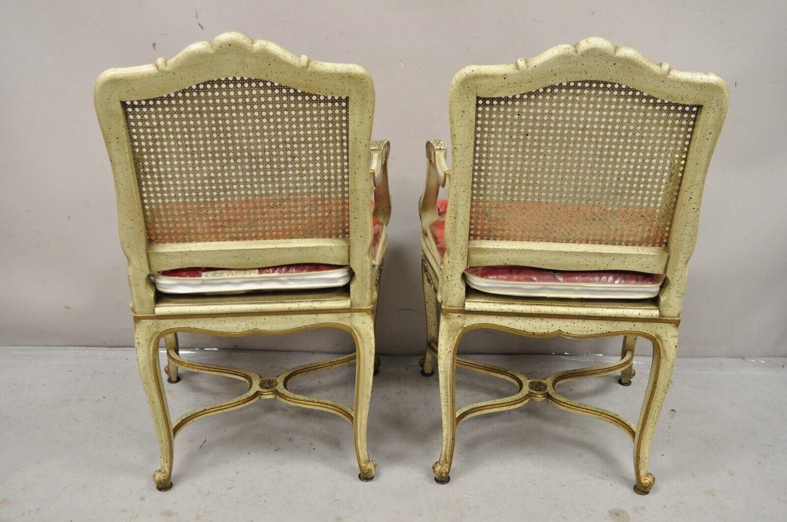French Louis XV Style Cream Painted Carved Wood Cane Fauteuil Arm Chairs - Pair For Sale 5
