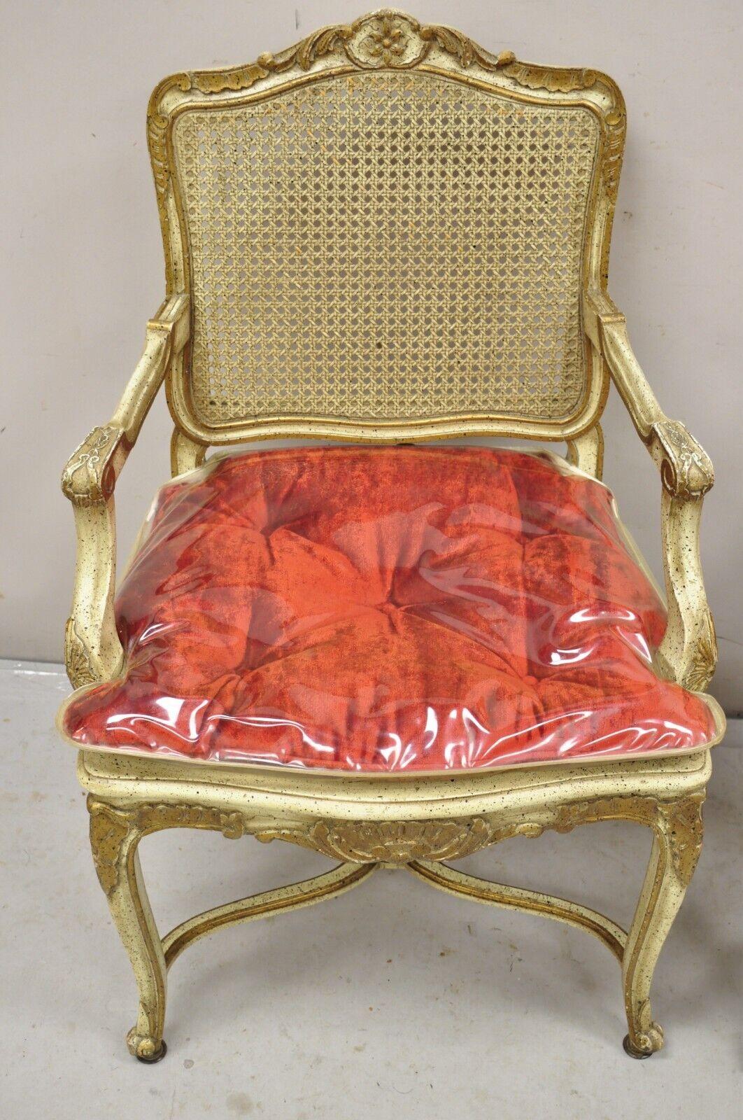 French Louis XV Style Cream Painted Carved Wood Cane Fauteuil Arm Chairs - Pair For Sale 7