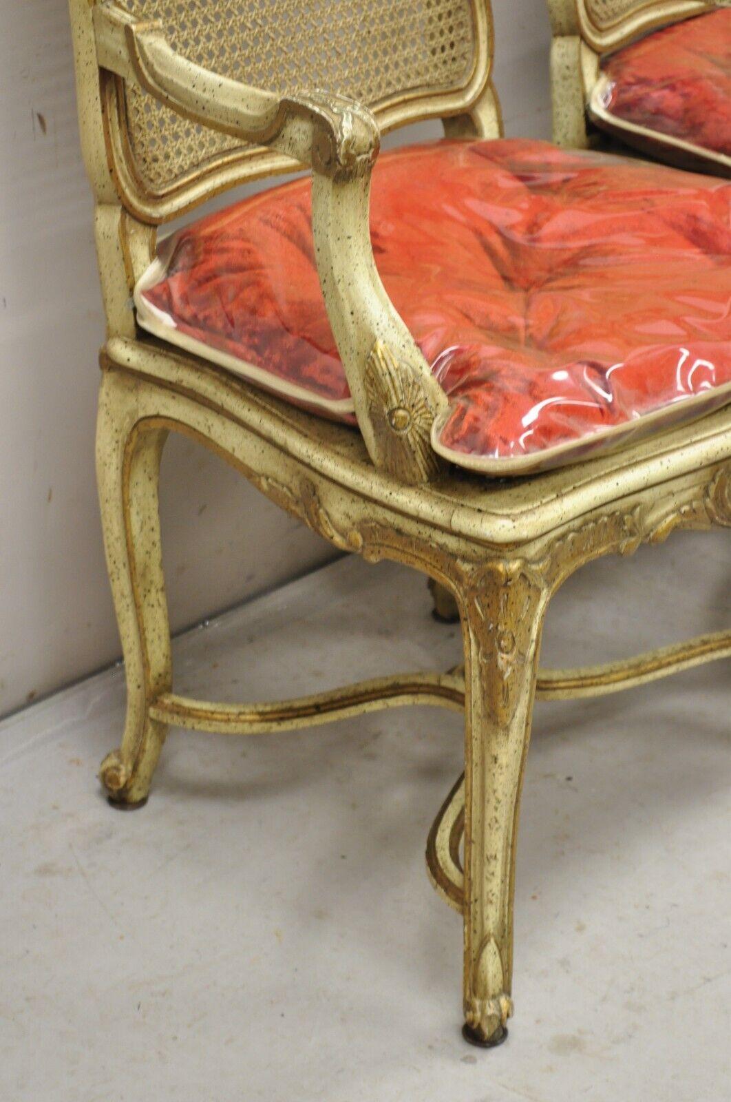 French Louis XV Style Cream Painted Carved Wood Cane Fauteuil Arm Chairs - Pair For Sale 3