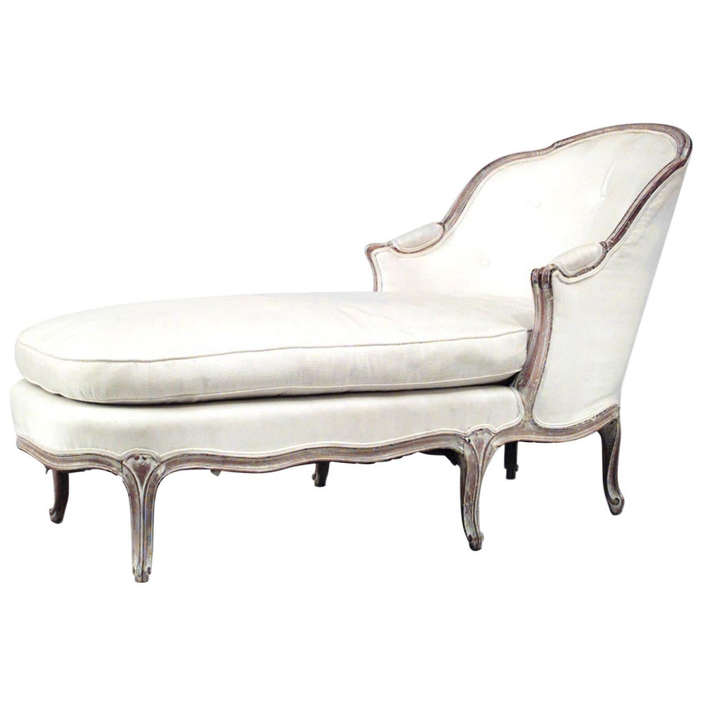 French Louis XV Style Cream Upholstered Cerused Wood Chaise For Sale