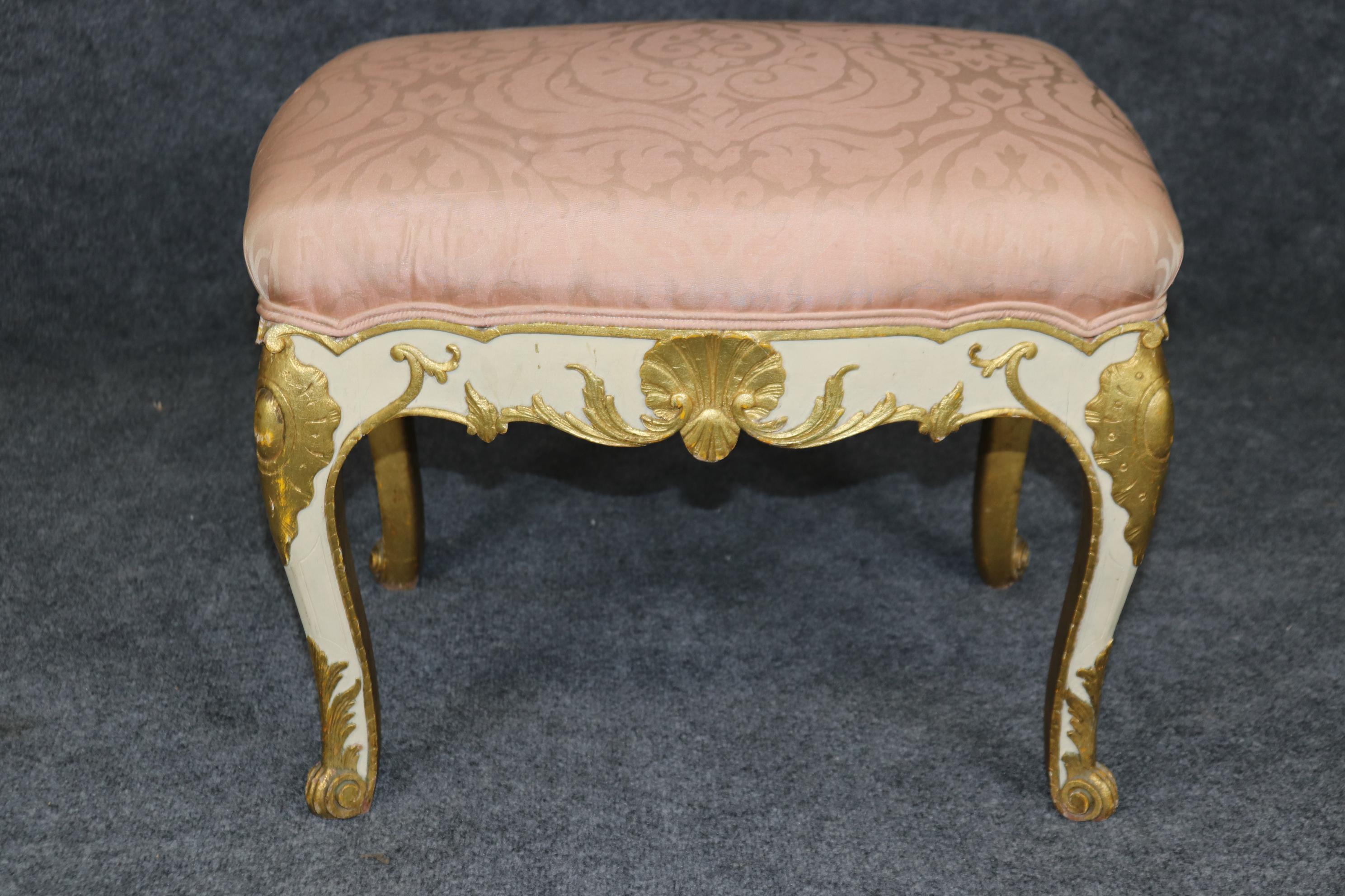 French Louis XV Style Creme and Gold Gilded Carved Stool Bench 1