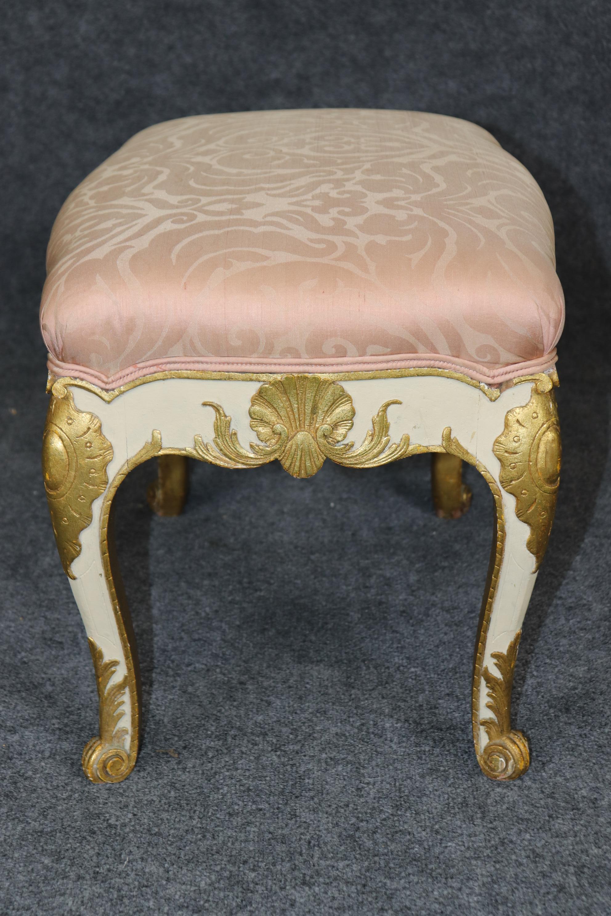 French Louis XV Style Creme and Gold Gilded Carved Stool Bench 2