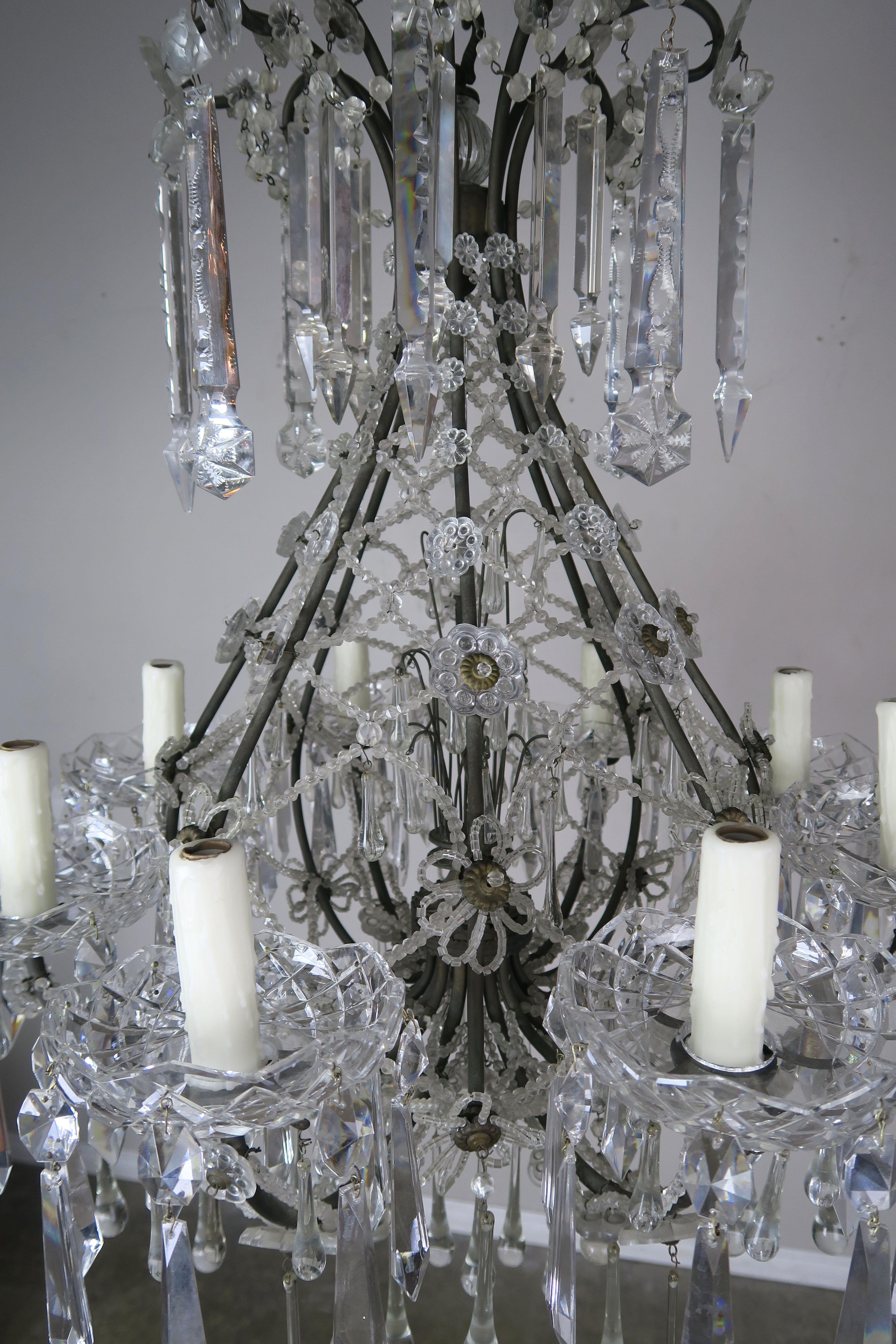 Brass French Louis XV Style Crystal Chandelier, circa 1940s