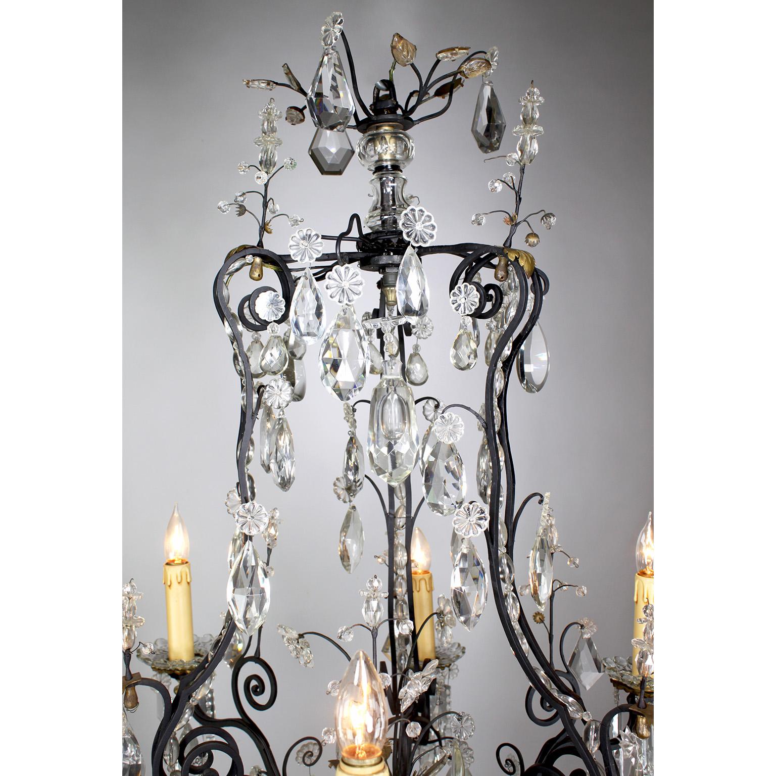 Ebonized French Louis XV Style Cut-Glass, Wrought Iron and Parcel-Gilt 6 Light Chandelier For Sale