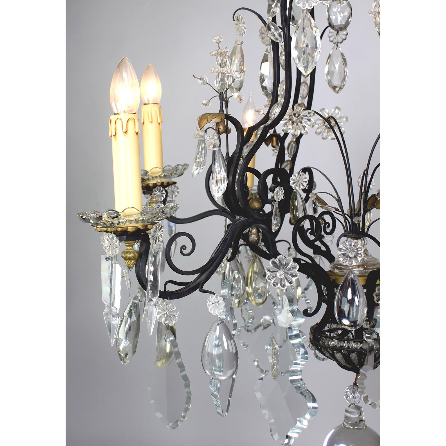 French Louis XV Style Cut-Glass, Wrought Iron and Parcel-Gilt 6 Light Chandelier In Good Condition For Sale In Los Angeles, CA