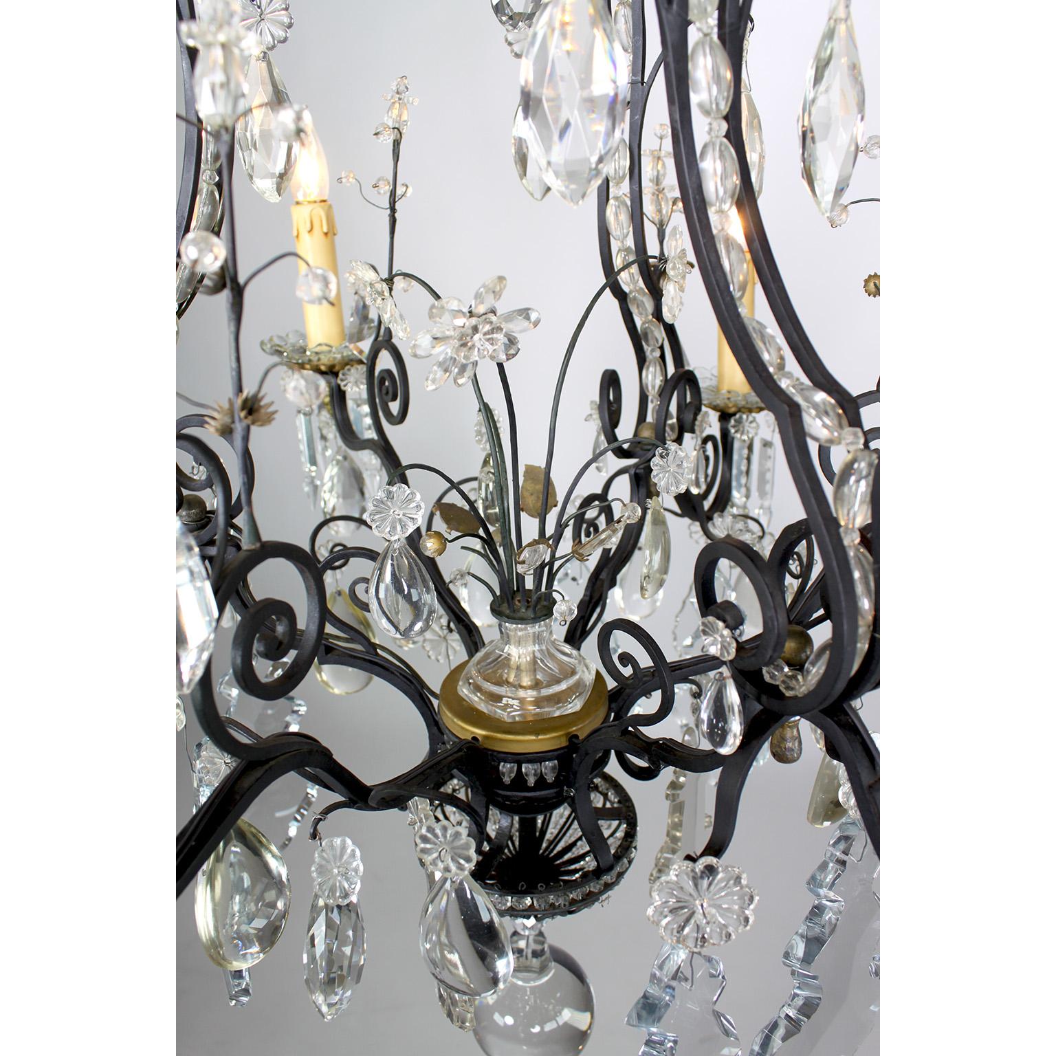 Early 20th Century French Louis XV Style Cut-Glass, Wrought Iron and Parcel-Gilt 6 Light Chandelier For Sale