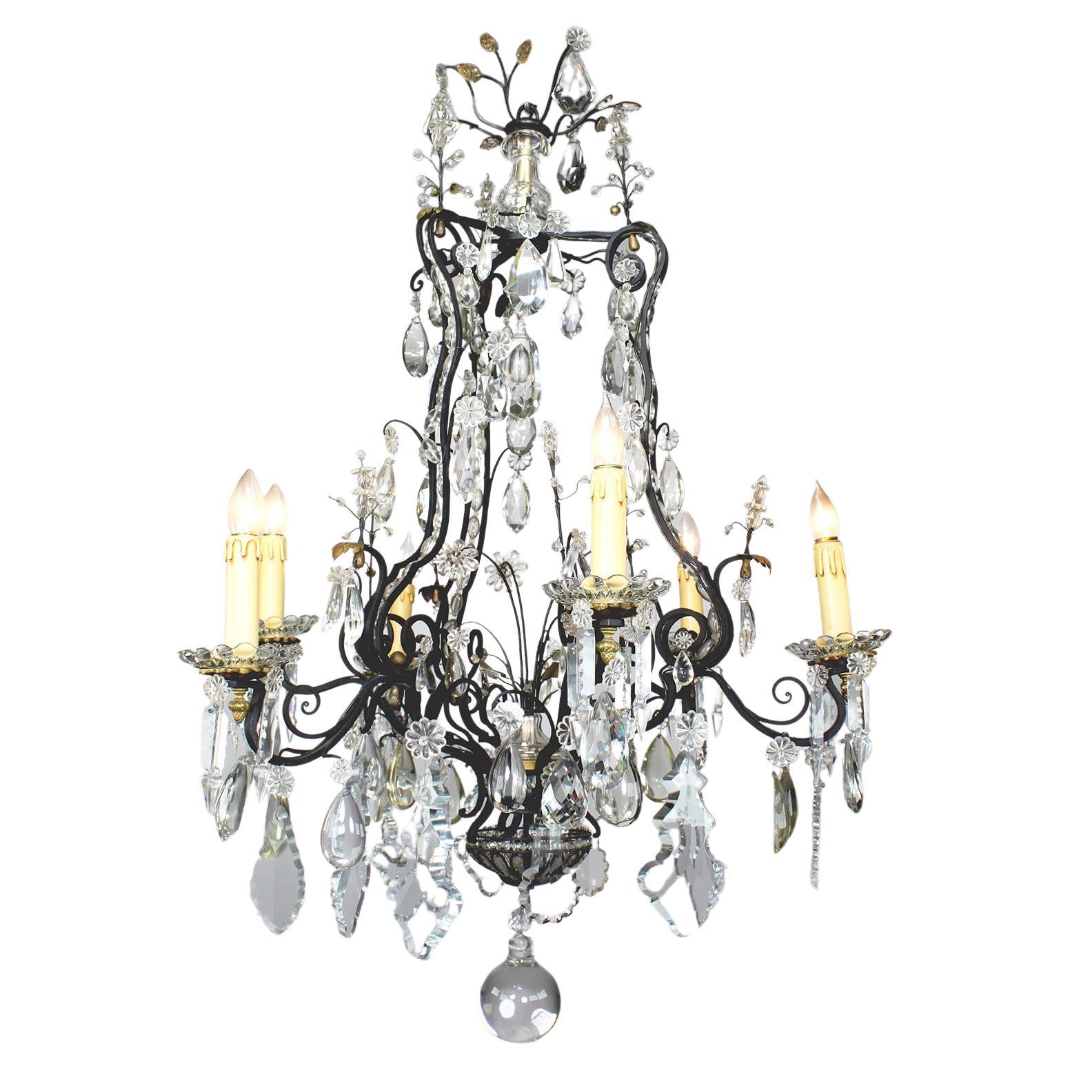 French Louis XV Style Cut-Glass, Wrought Iron and Parcel-Gilt 6 Light Chandelier For Sale