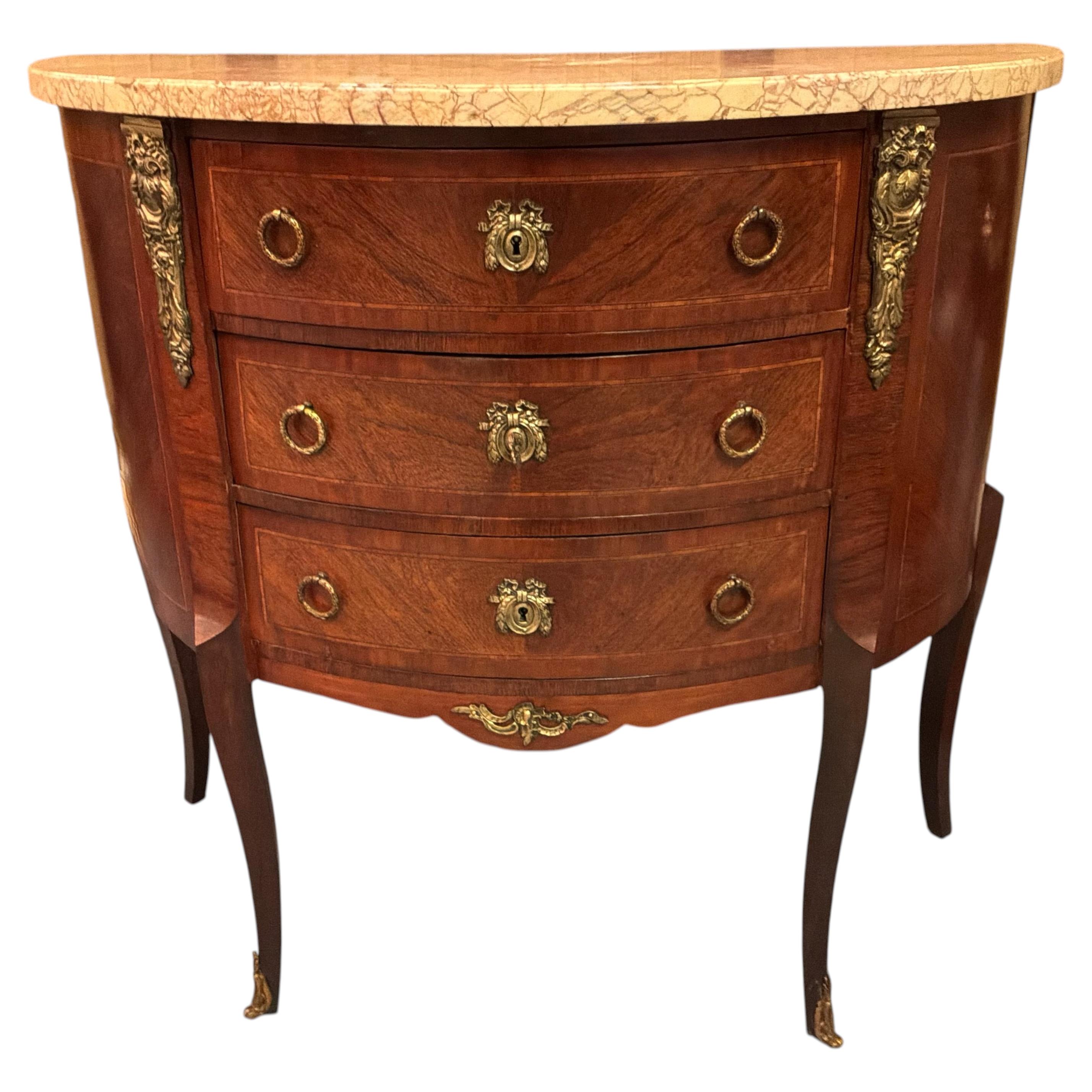 French Louis XV style Demi lune commode chest with cream marble top