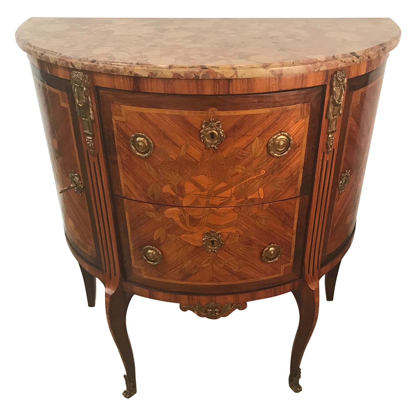 Commode Demi-Lune de style Louis XV français avec dessus en marbre