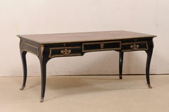 French Louis XV Style Desk with Leather Writing Pad, Black with Brass Accents