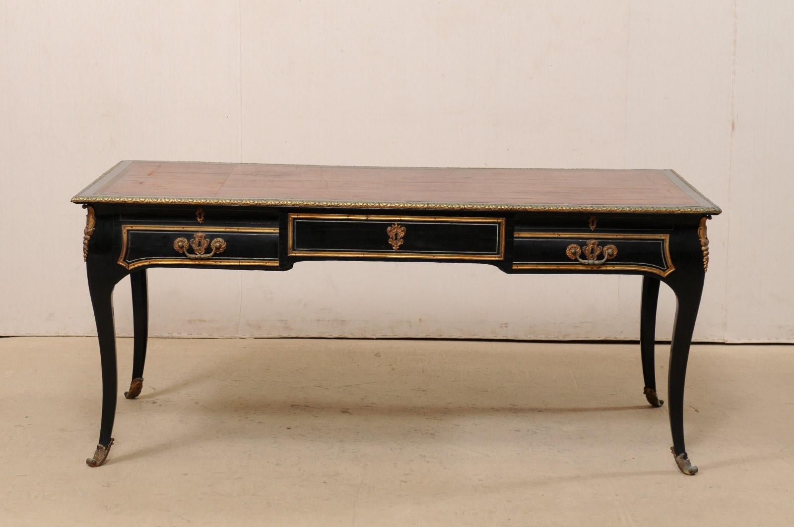 19th Century French Louis XV Style Desk with Leather Writing Pad, Black with Brass Accents For Sale