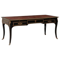 French Louis XV Style Desk with Leather Writing Pad, Black with Brass Accents