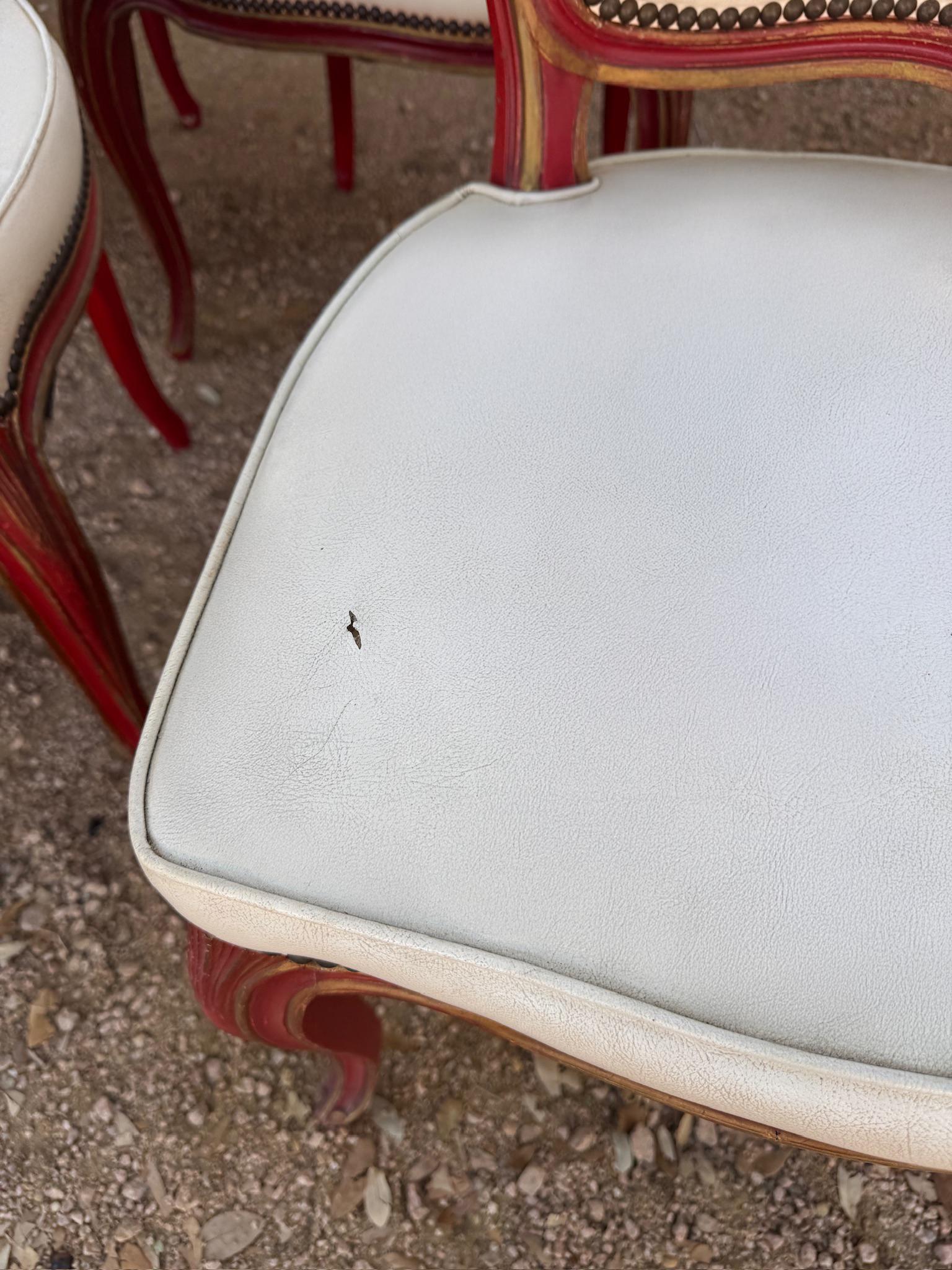 French Louis XV style dining chairs in red distressed paint with nailheads For Sale 6