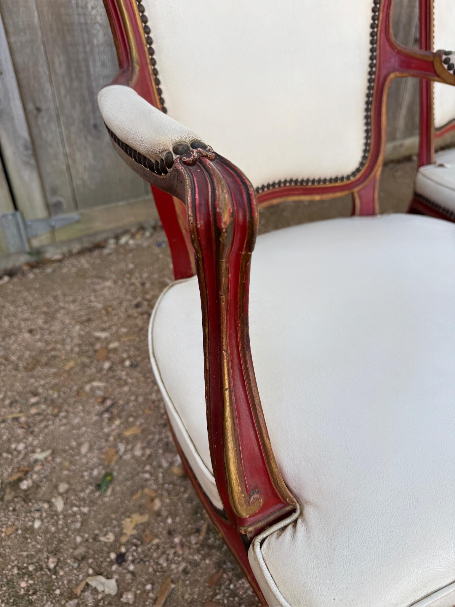 French Louis XV style dining chairs in red distressed paint with nailheads For Sale 8