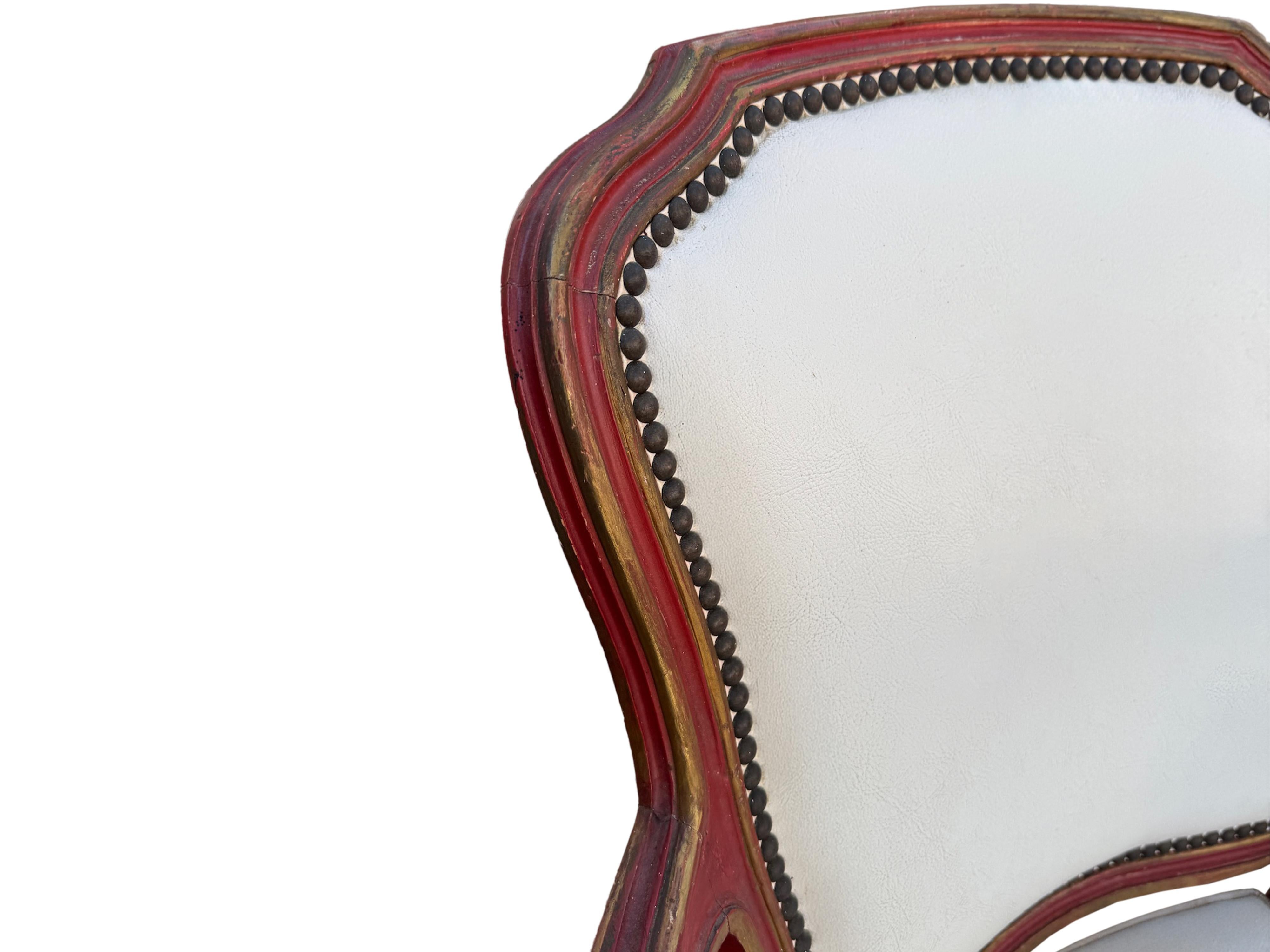 French Louis XV style dining chairs in red distressed paint with nailheads For Sale 9