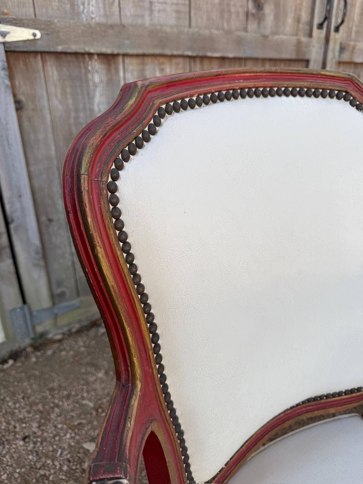 French Louis XV style dining chairs in red distressed paint with nailheads For Sale 10