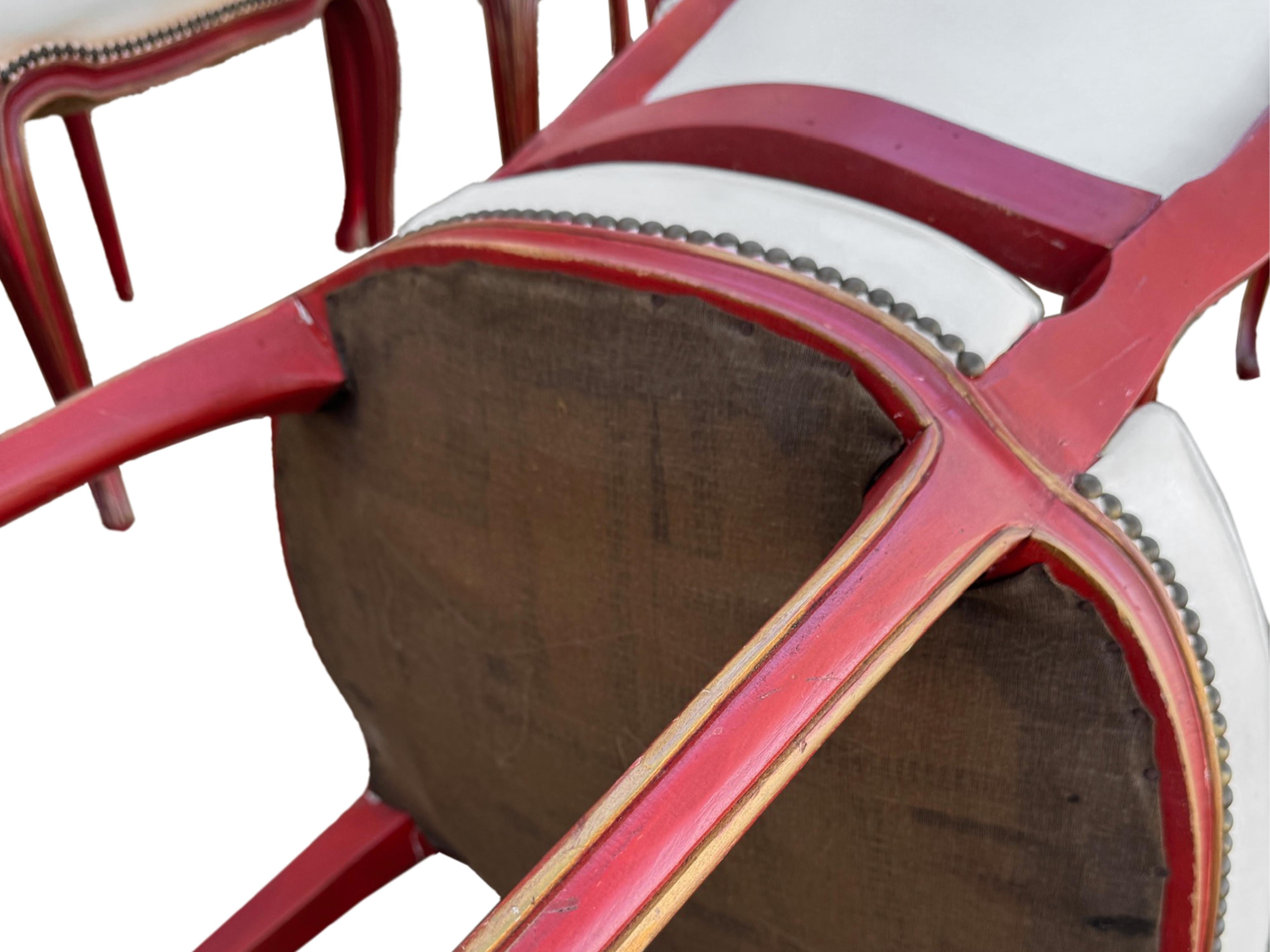 French Louis XV style dining chairs in red distressed paint with nailheads For Sale 11