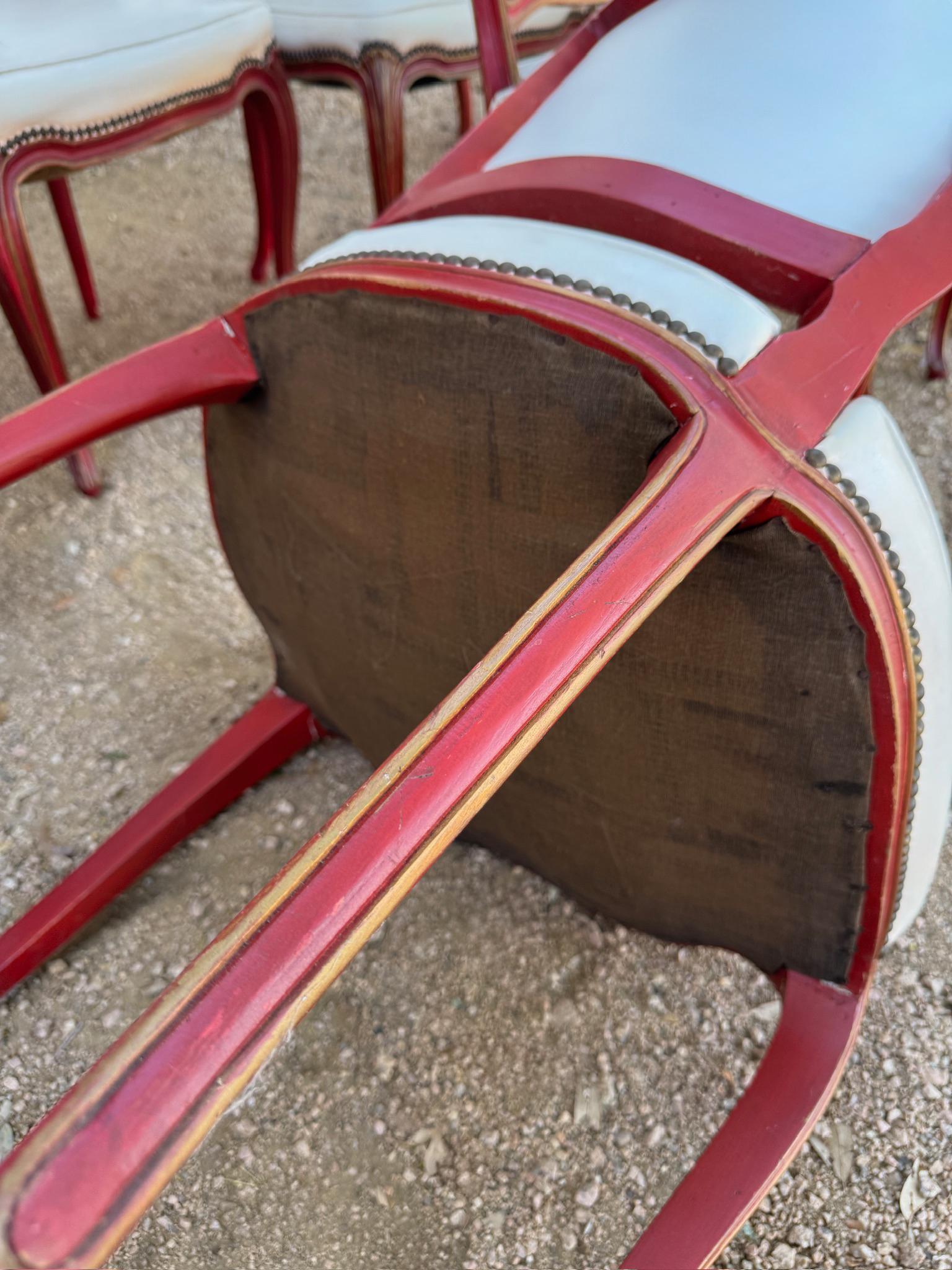 French Louis XV style dining chairs in red distressed paint with nailheads For Sale 12