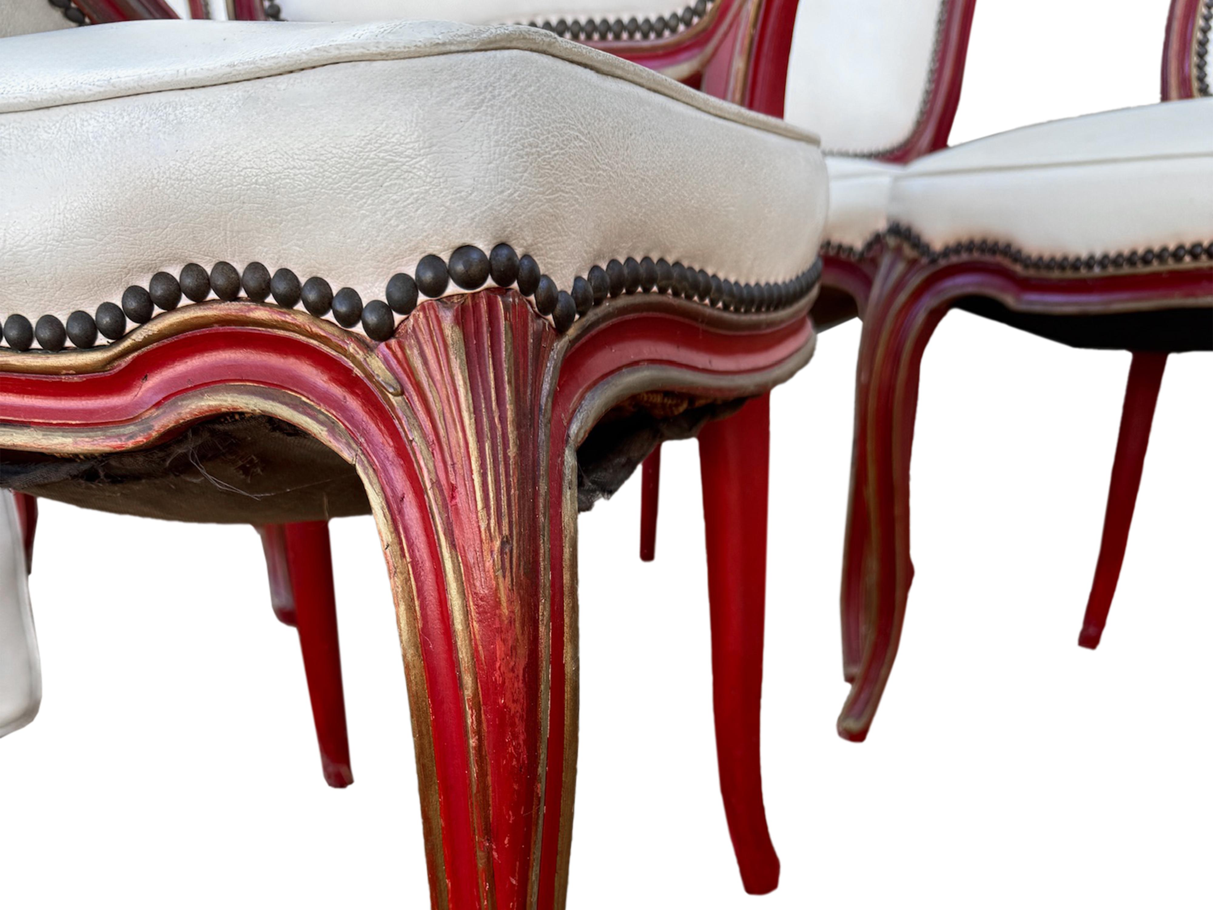 French Louis XV style dining chairs in red distressed paint with nailheads For Sale 13