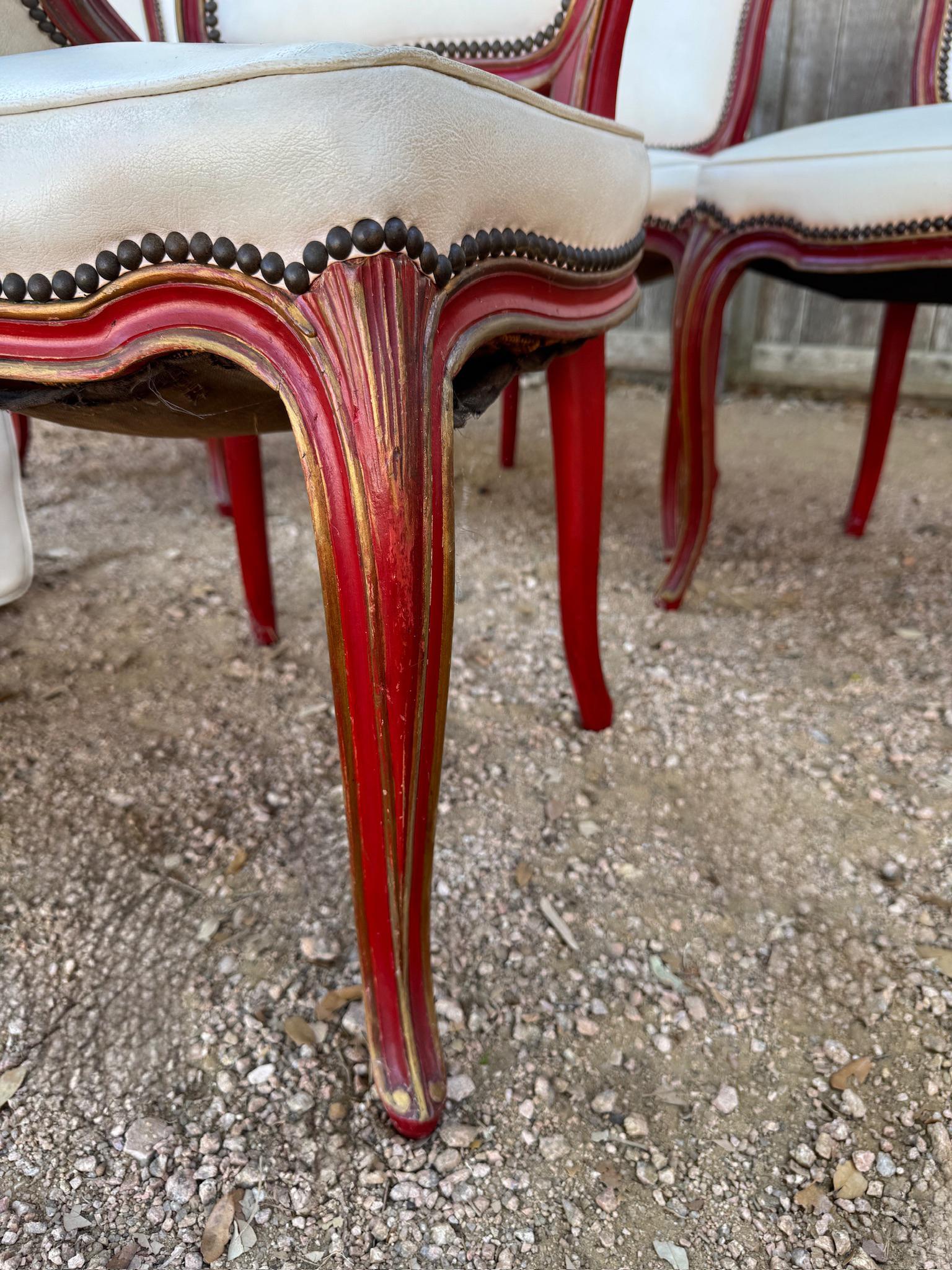 French Louis XV style dining chairs in red distressed paint with nailheads For Sale 14