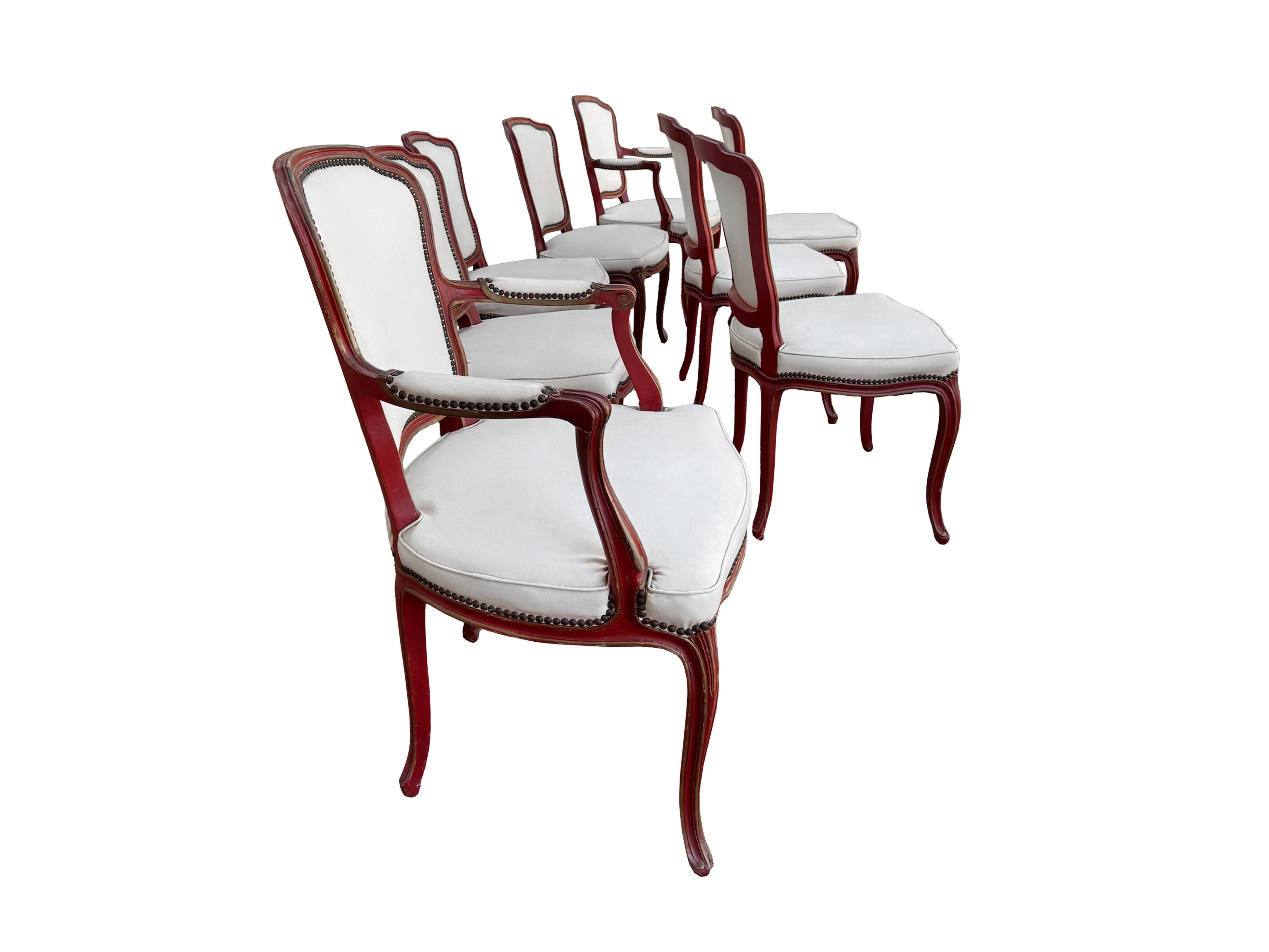 French Louis XV style dining chairs in red distressed paint with nailheads In Good Condition For Sale In Wichita, KS