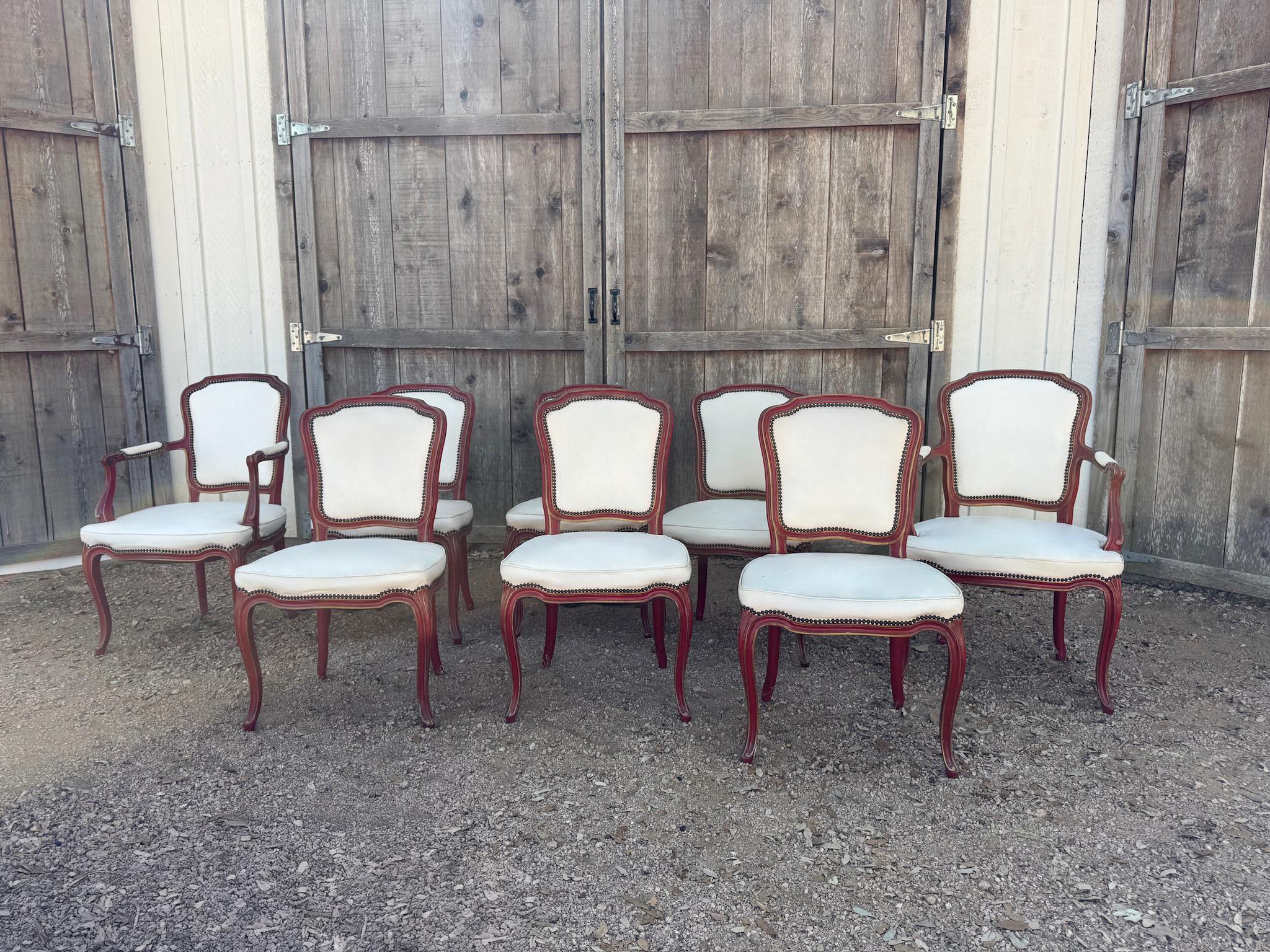 20th Century French Louis XV style dining chairs in red distressed paint with nailheads For Sale