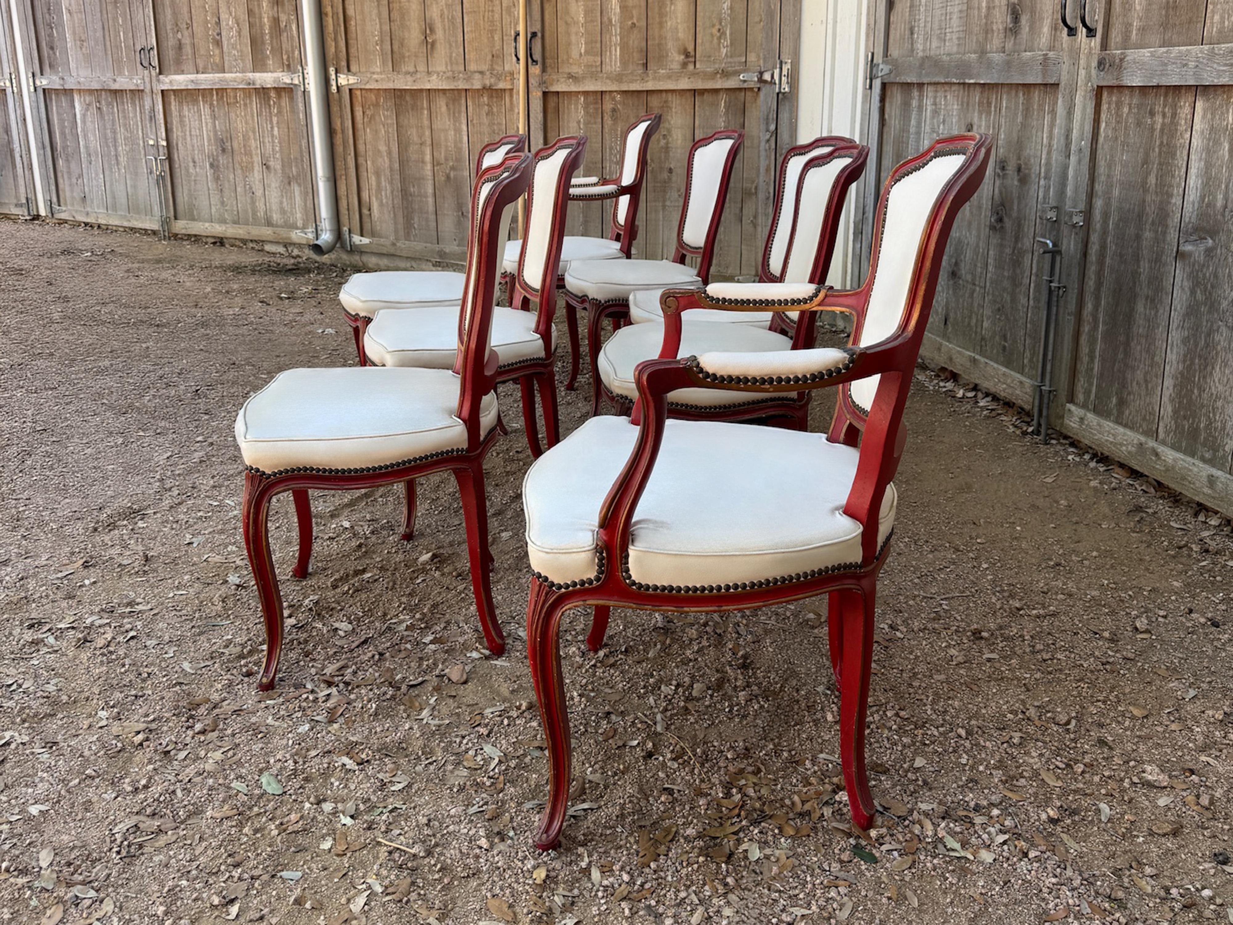 Upholstery French Louis XV style dining chairs in red distressed paint with nailheads For Sale