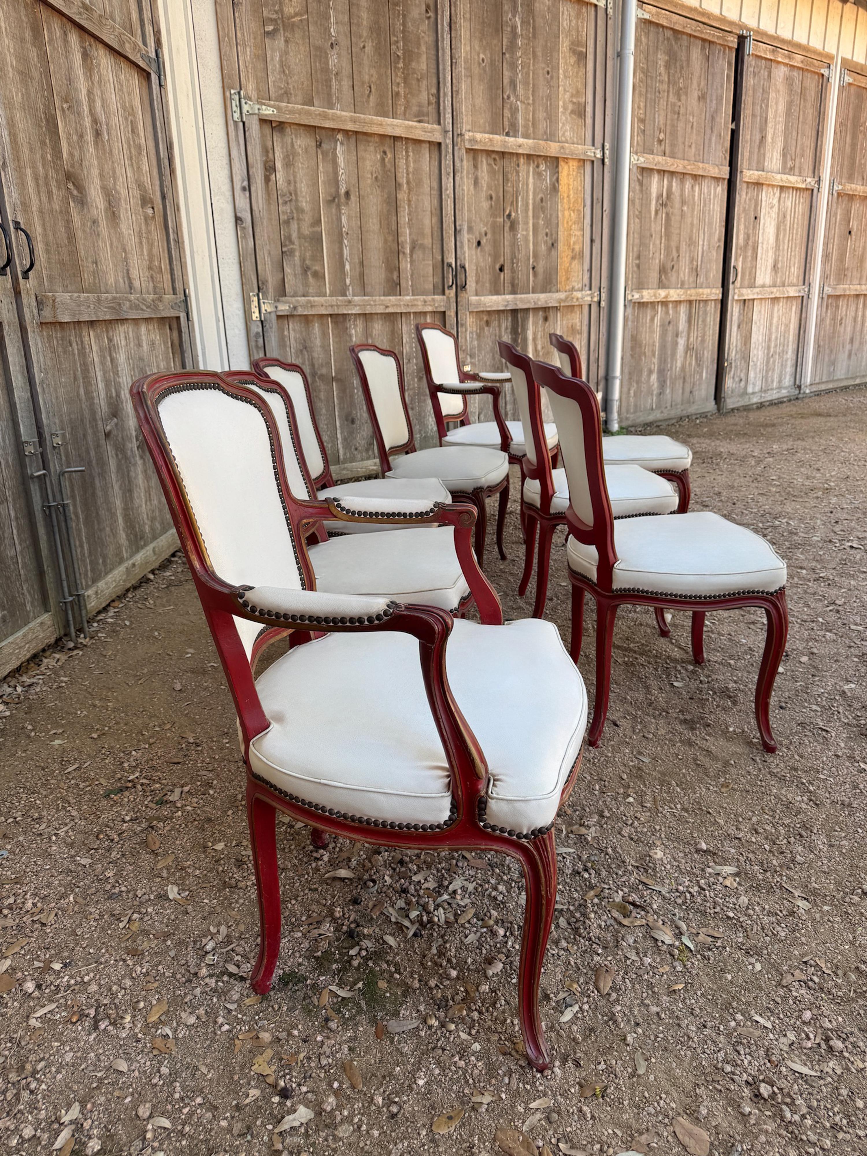 French Louis XV style dining chairs in red distressed paint with nailheads For Sale 1