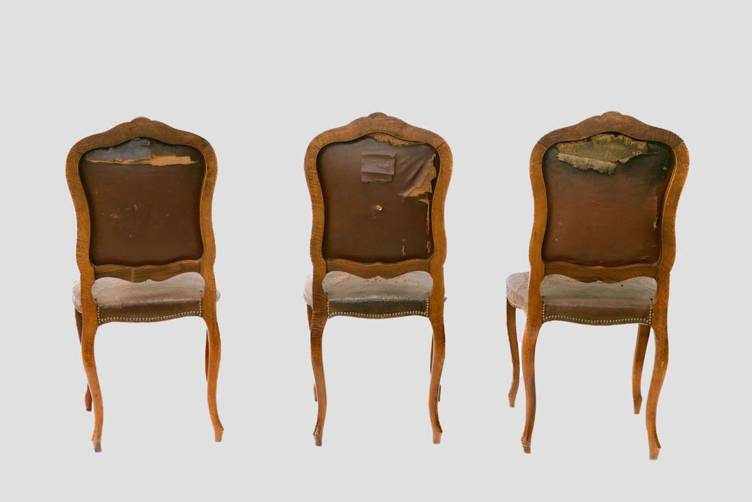 Leather French, Louis XV style dining chairs, set of six For Sale