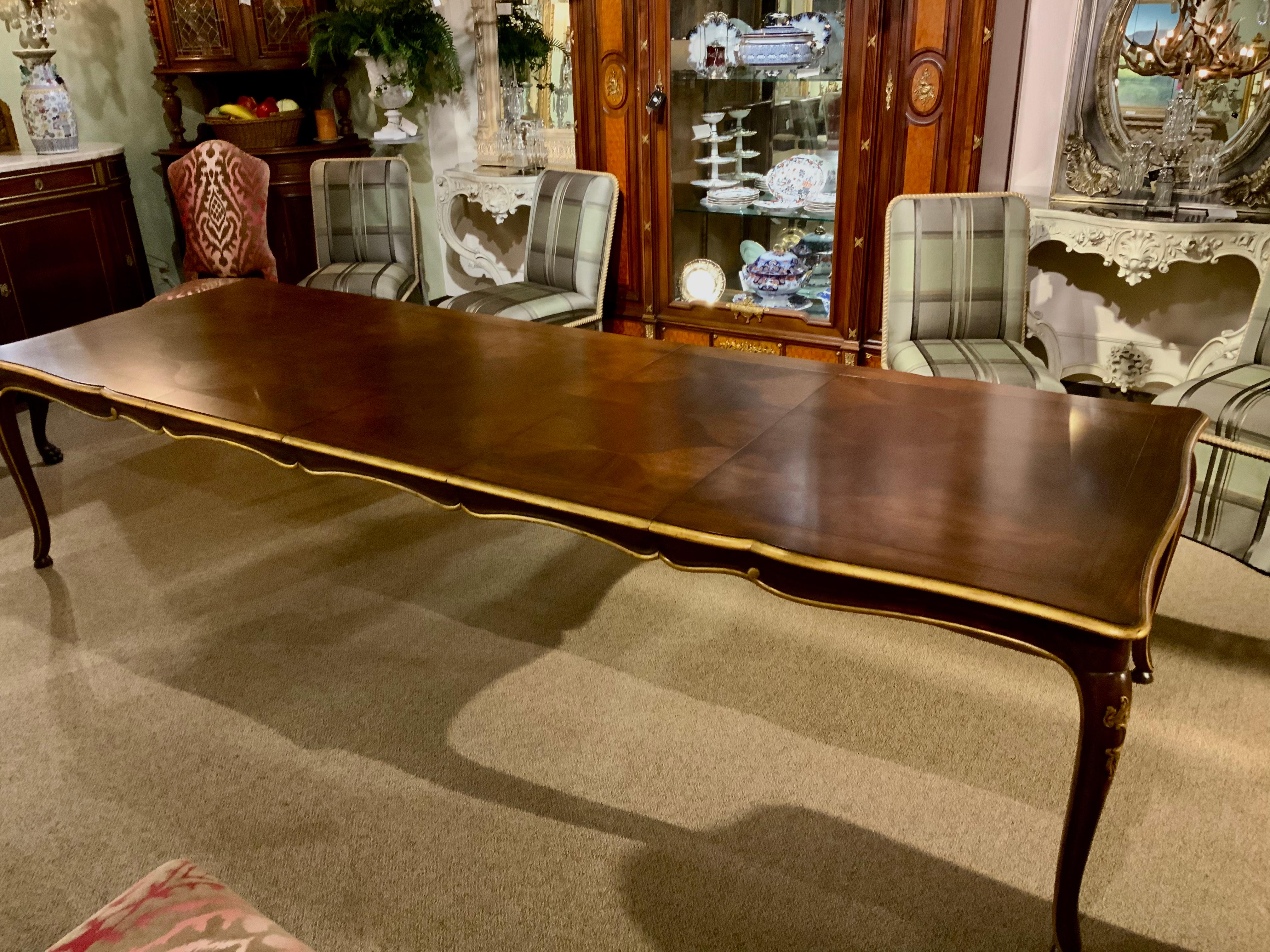 American French Louis XV-Style Dining Table, Three Leaves with Gilt Trim