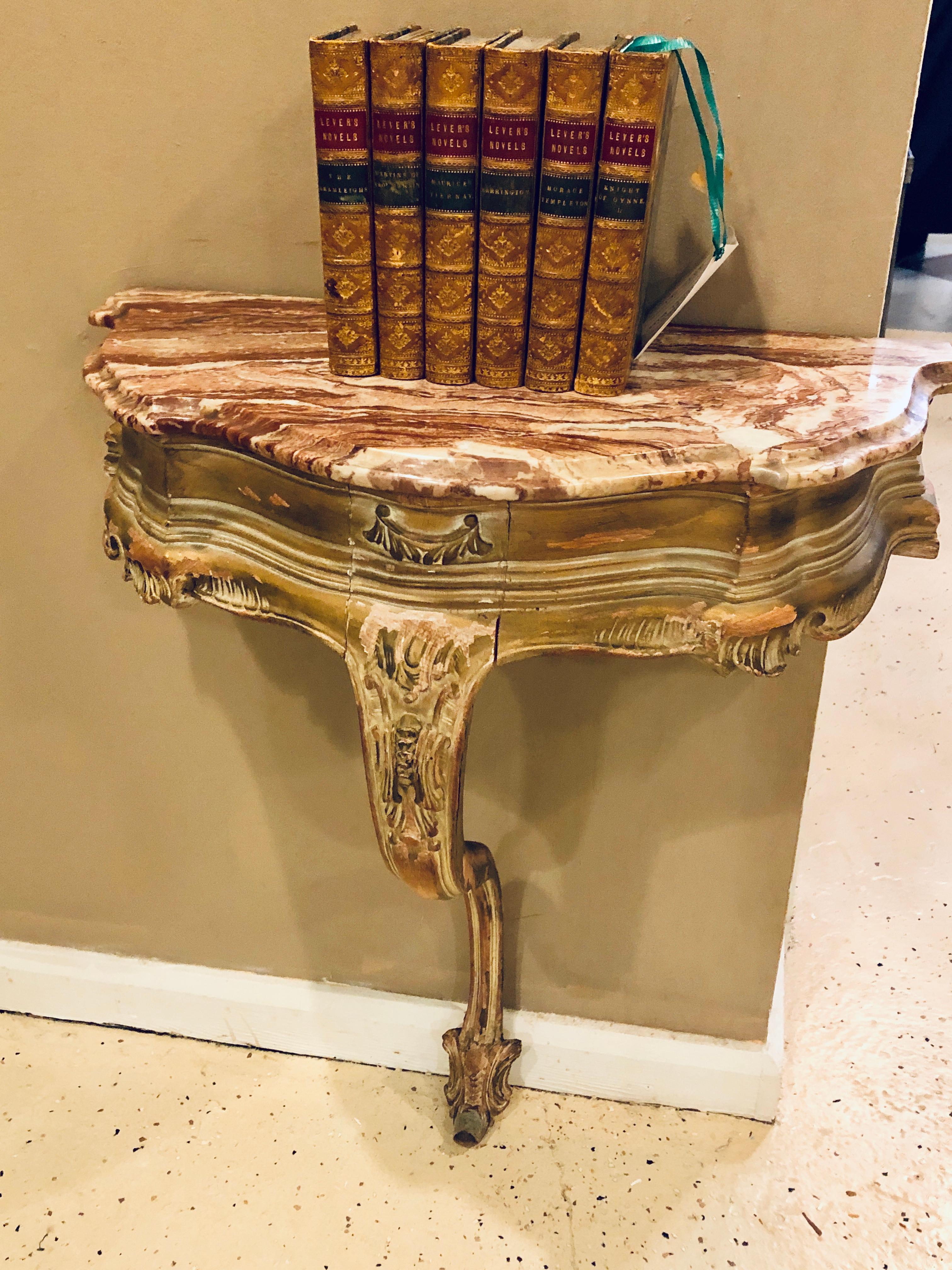  French Louis XV Style Distressed Antique Demi Lune Console, Rouge Marble Top For Sale 7