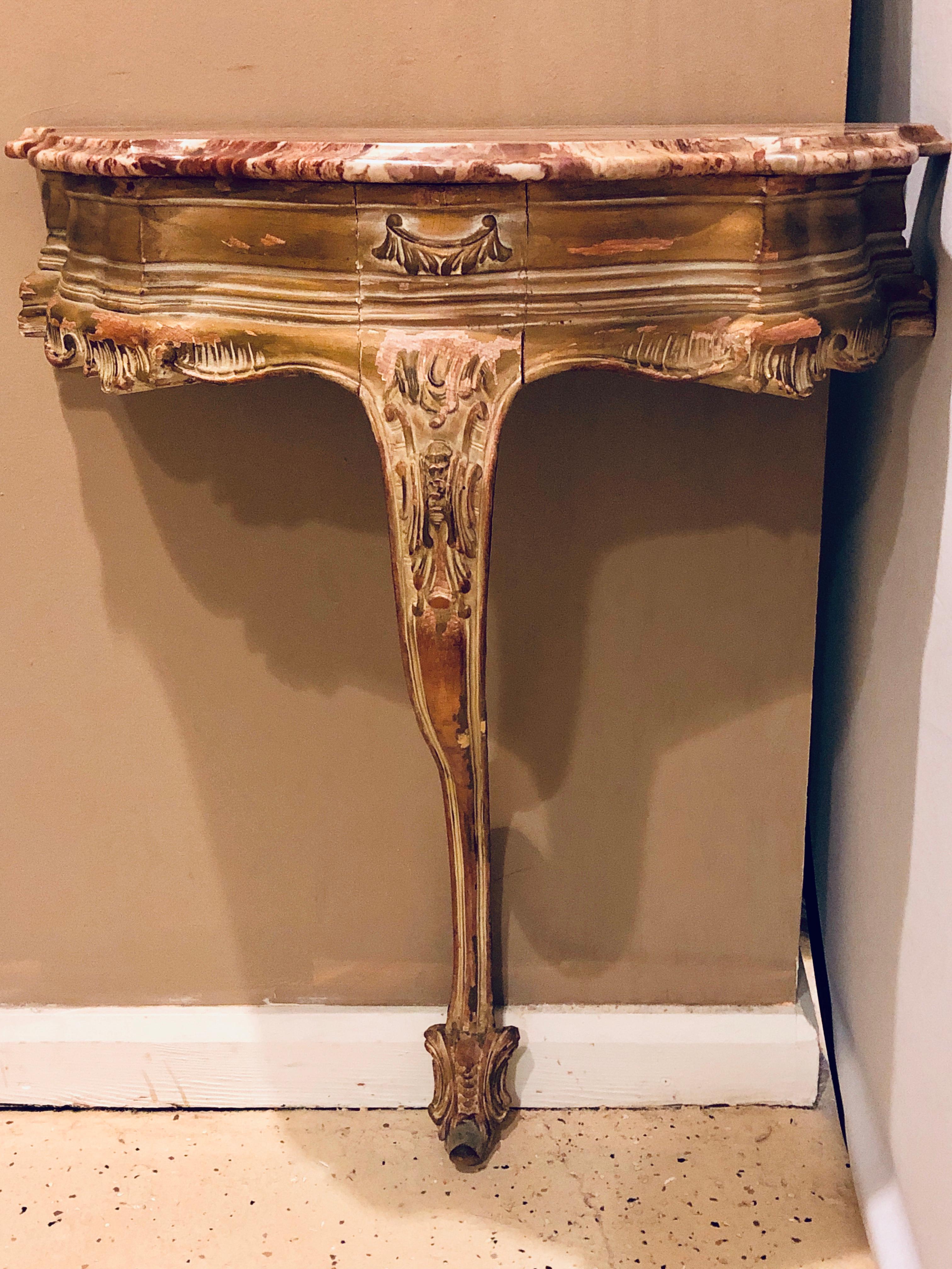  French Louis XV Style Distressed Antique Demi Lune Console, Rouge Marble Top In Good Condition For Sale In Stamford, CT