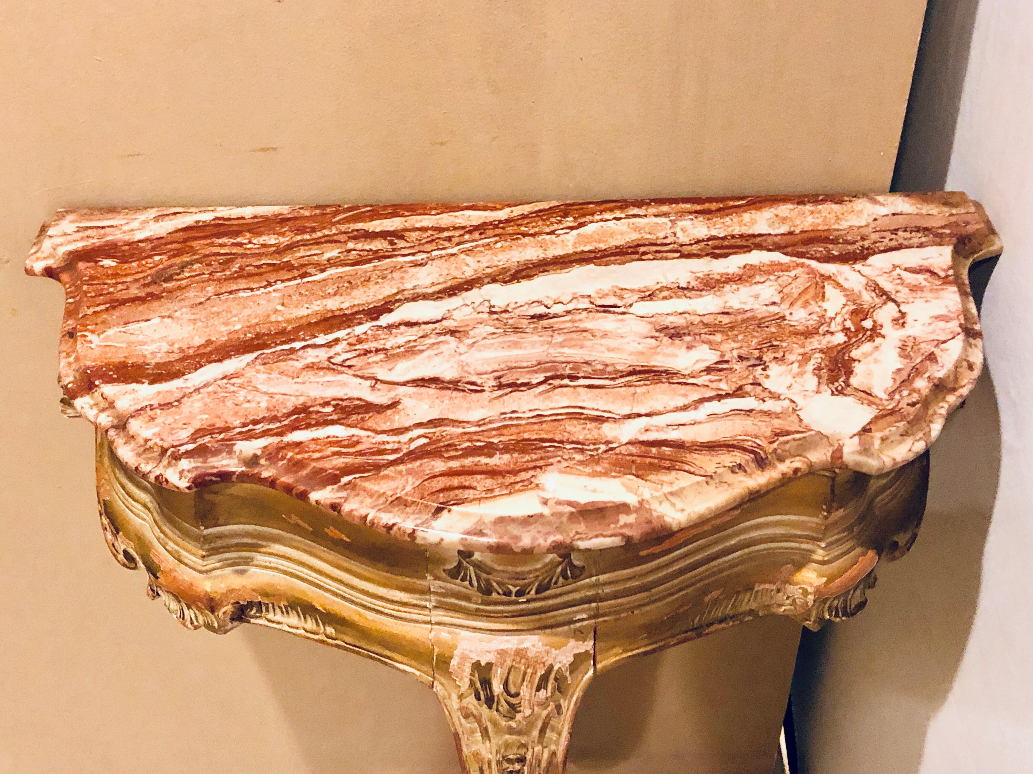 Early 20th Century  French Louis XV Style Distressed Antique Demi Lune Console, Rouge Marble Top For Sale