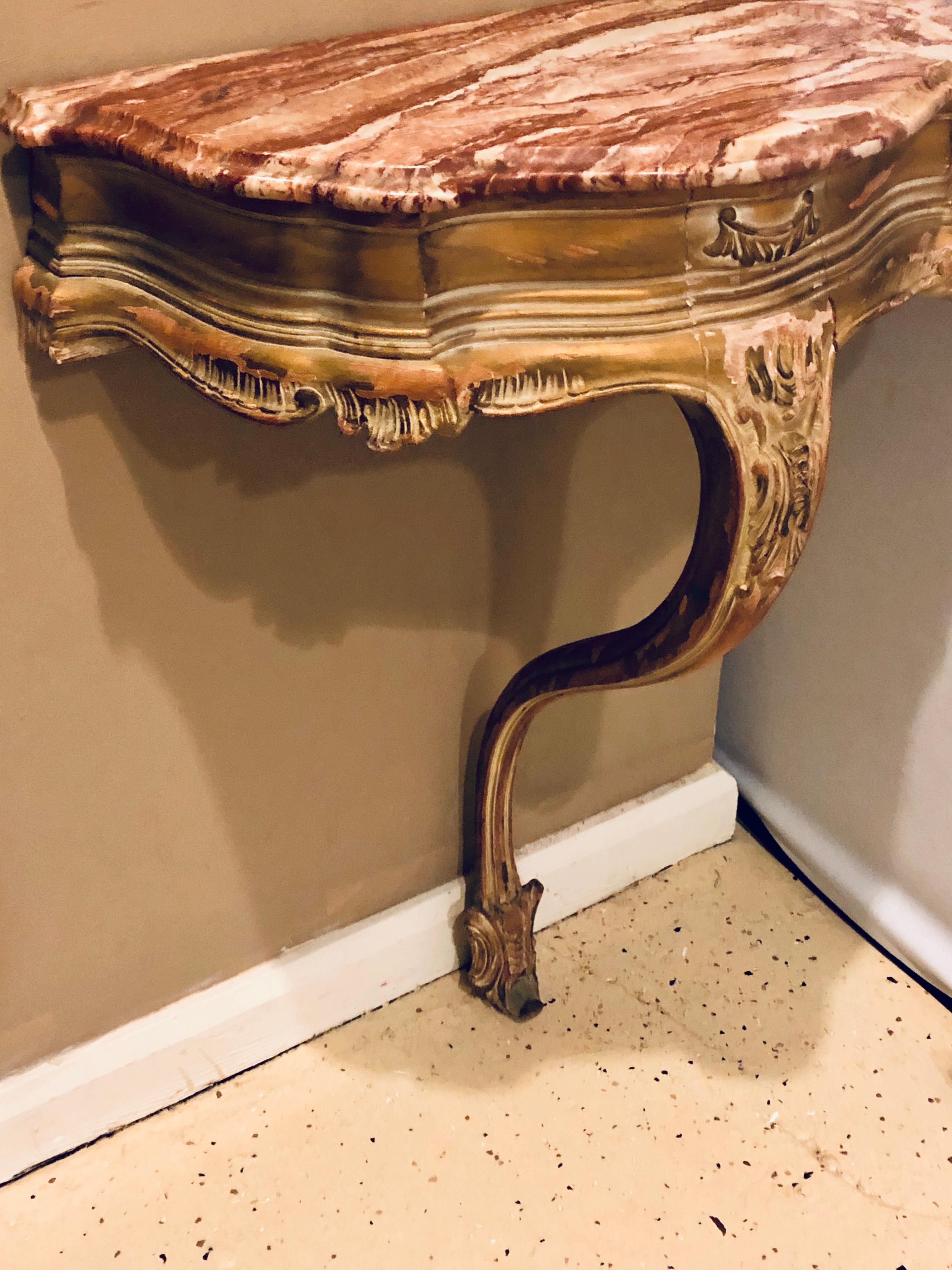  French Louis XV Style Distressed Antique Demi Lune Console, Rouge Marble Top For Sale 1