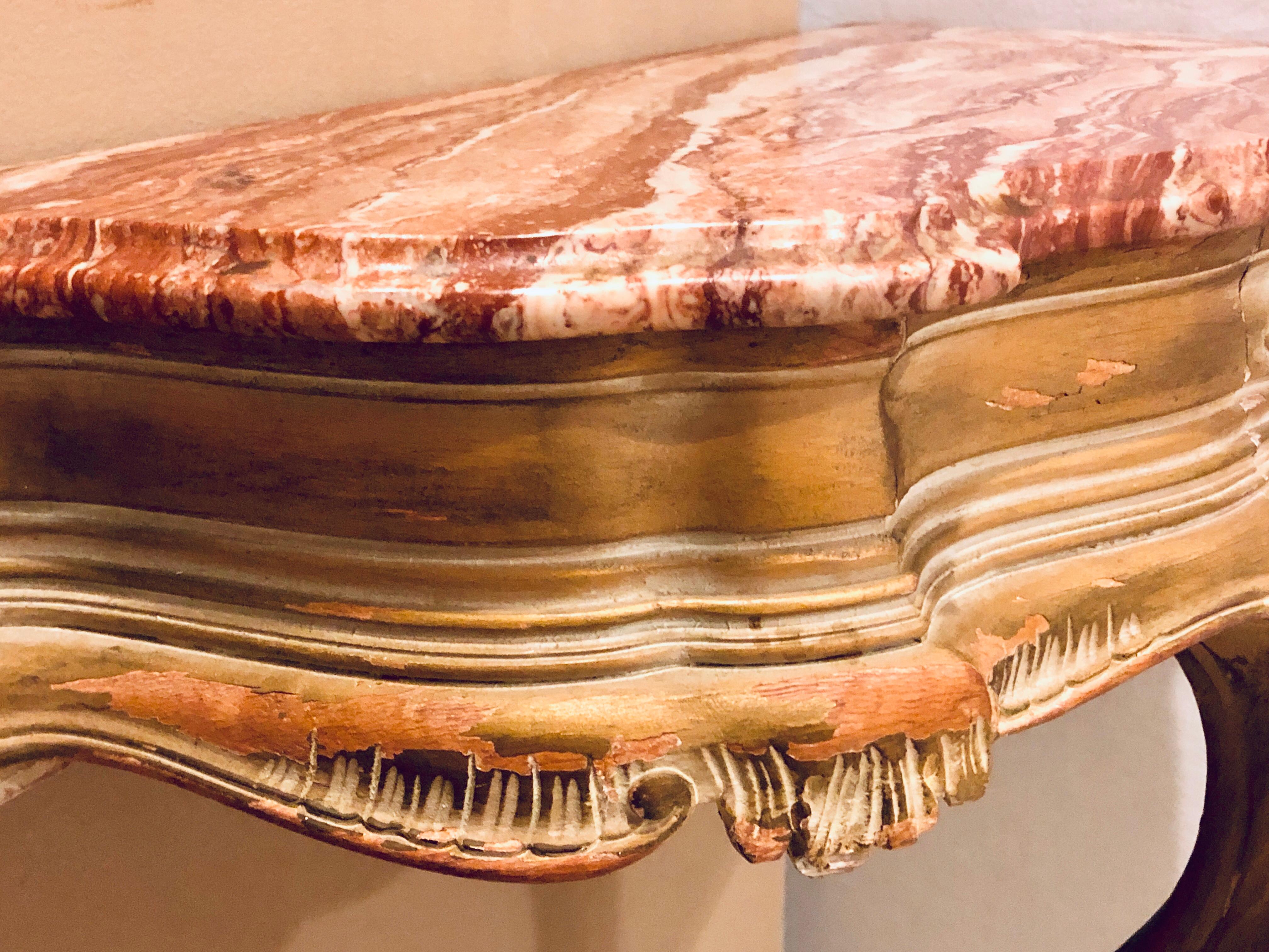  French Louis XV Style Distressed Antique Demi Lune Console, Rouge Marble Top For Sale 3