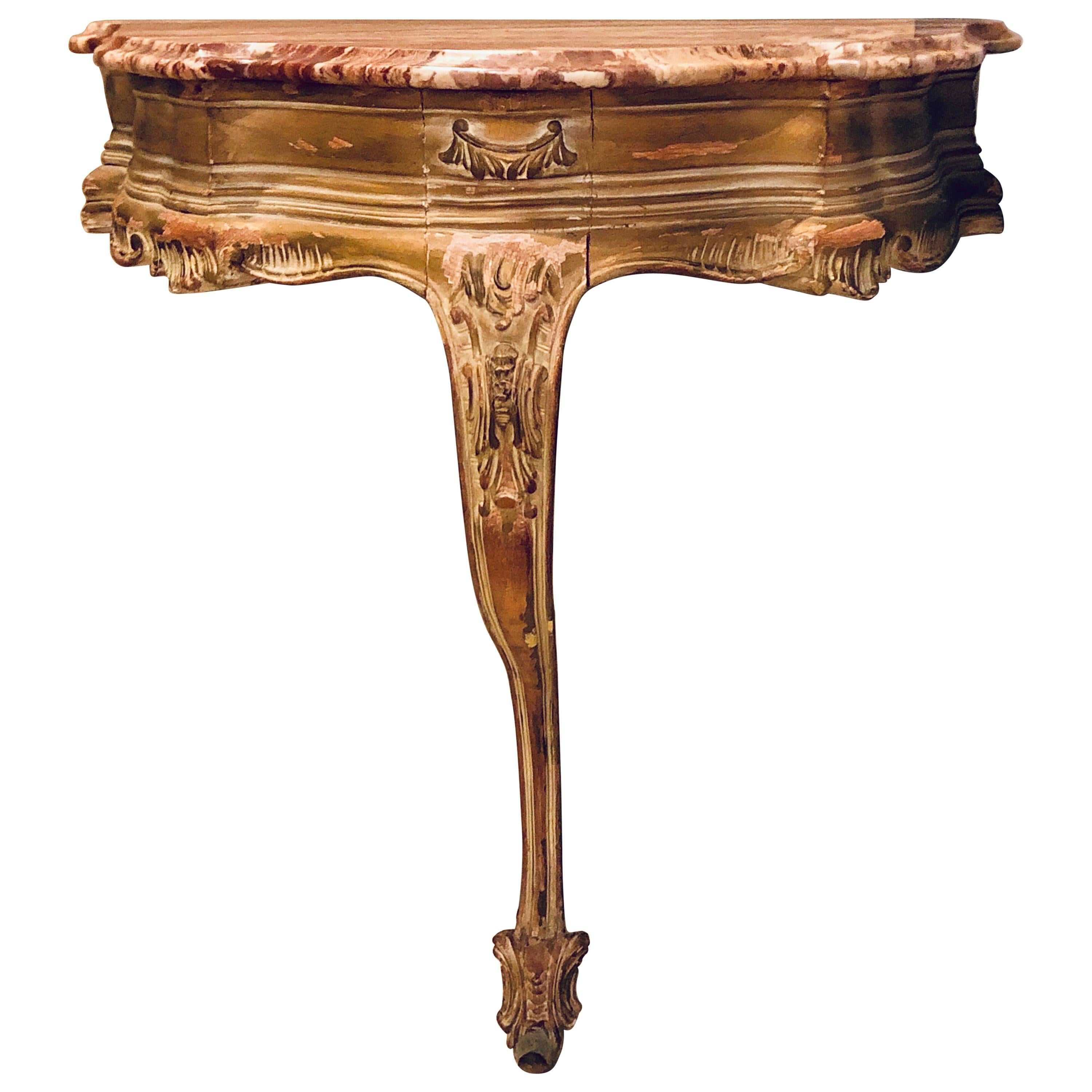 French Louis XV Style Distressed Antique Demi Lune Console, Rouge Marble Top