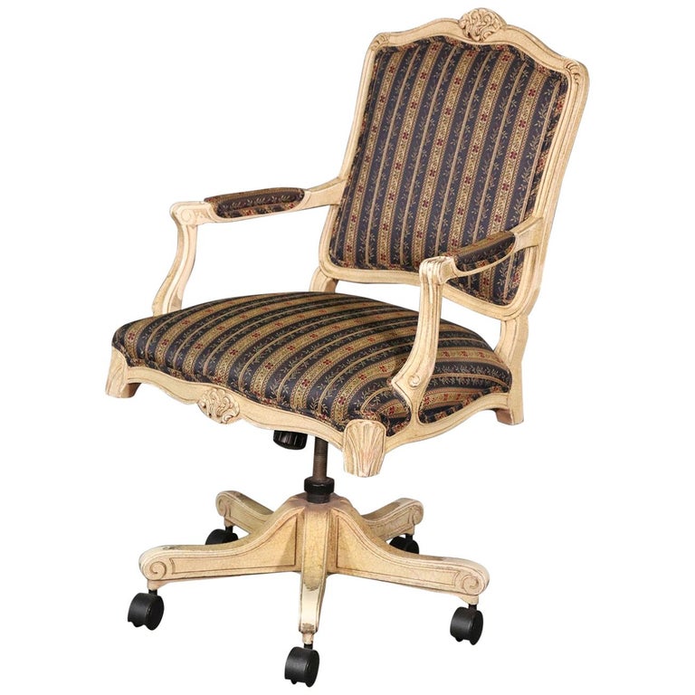 French Louis XV Style Distressed Painted Rolling Office Desk Chair For