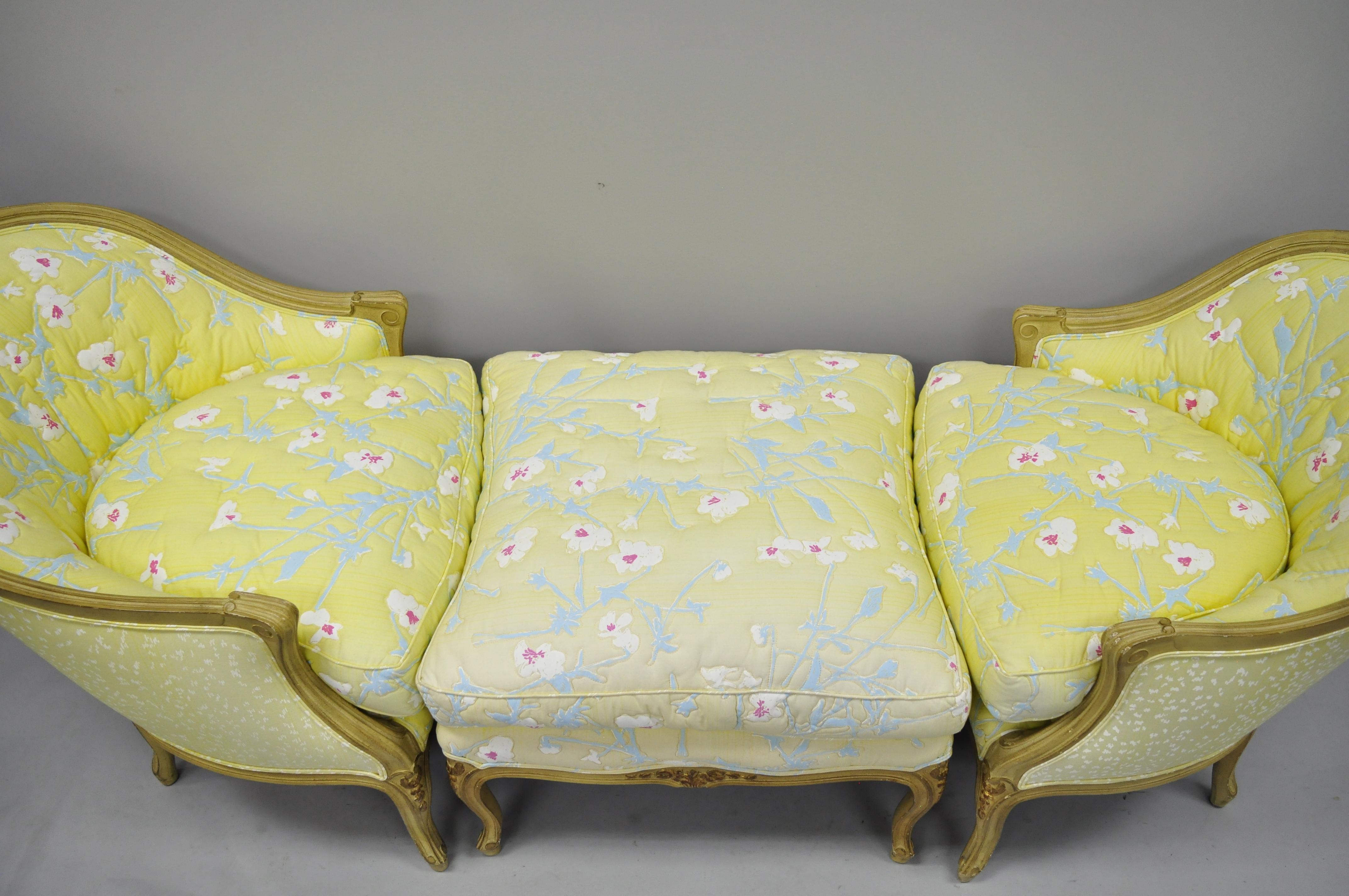 20th Century French Louis XV Style Duchesse Brisee Chaise Pair of Bergere Chairs and Ottoman